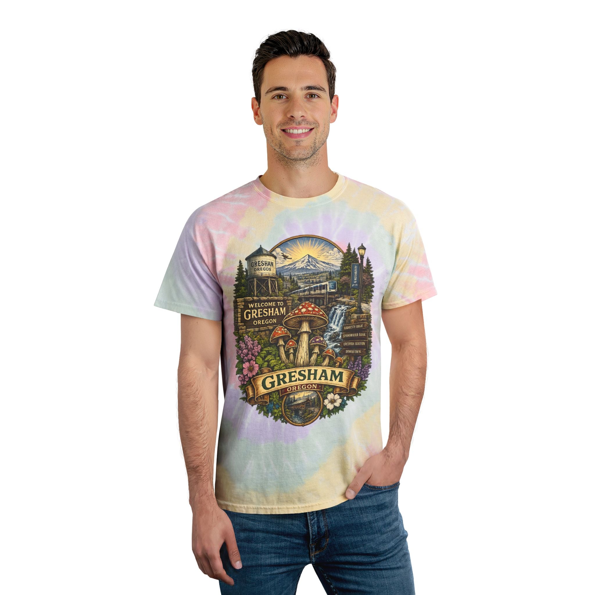 City: Gresham Oregon Spiral Tie-Dye Tee — Vintage Mushroom & Farmers Market Graphic