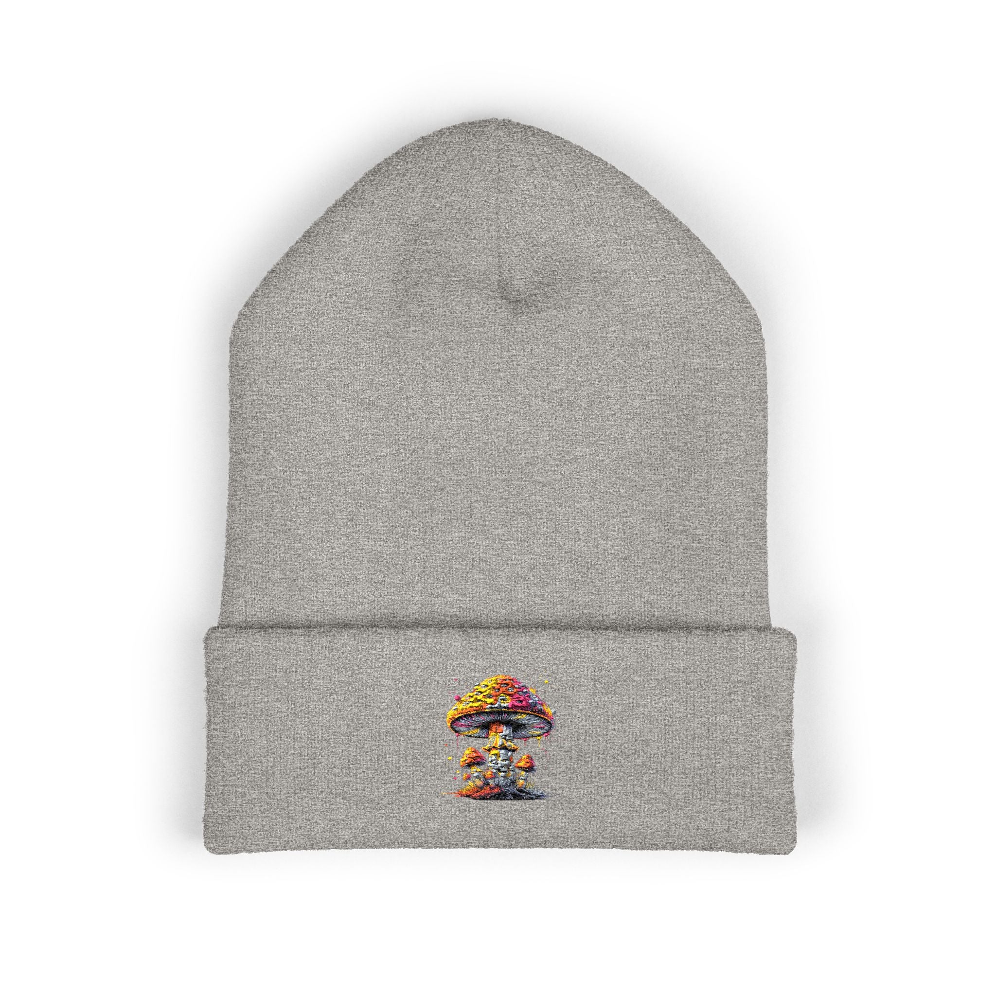 Beanie: Embroidered Colorful Mushroom Beanie — Cute Cuffed Knit Hat