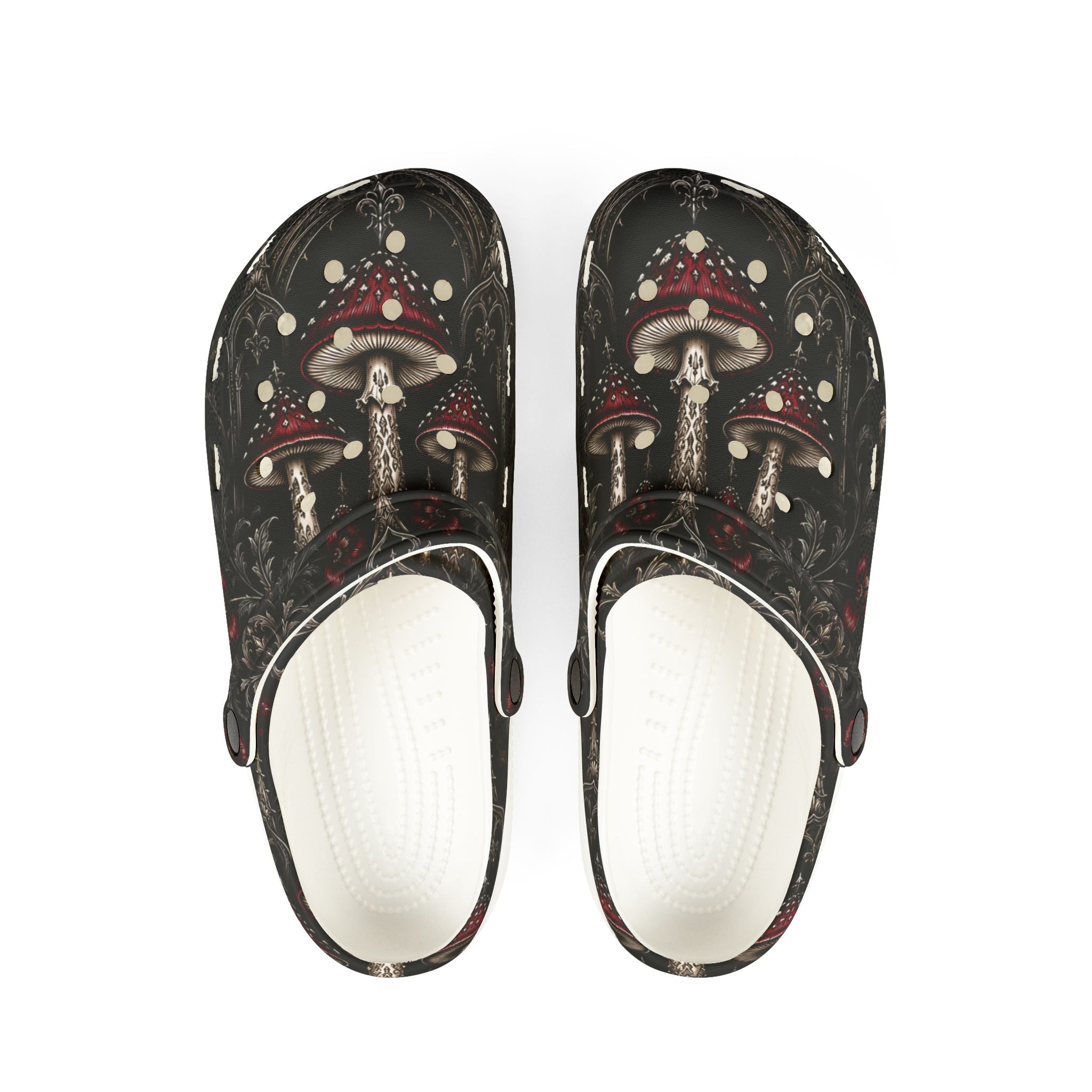 Clogs: Mushroom Garden EVA Foam Clogs — Whimsical Red Toadstool Print
