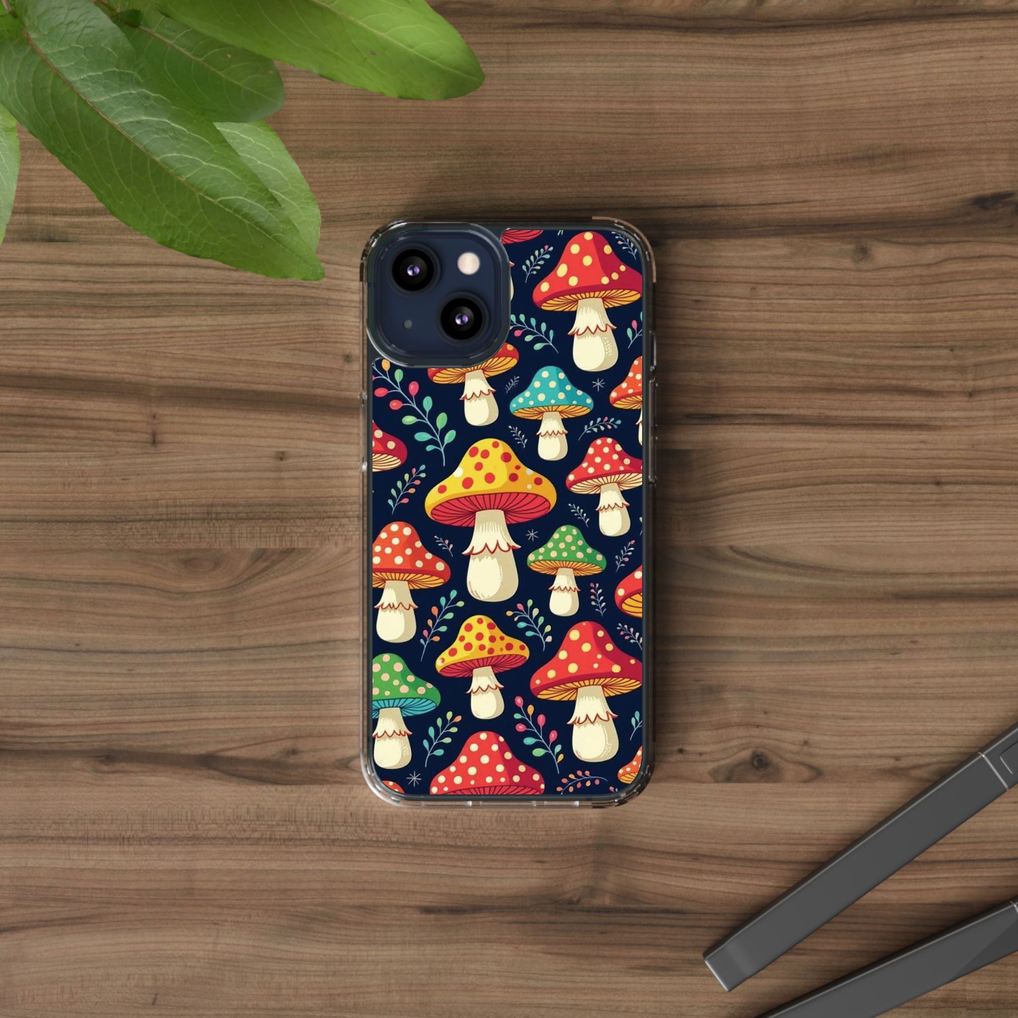 Phone Case: Mushroom Pattern Clear Phone Case — Colorful Toadstool Floral Design