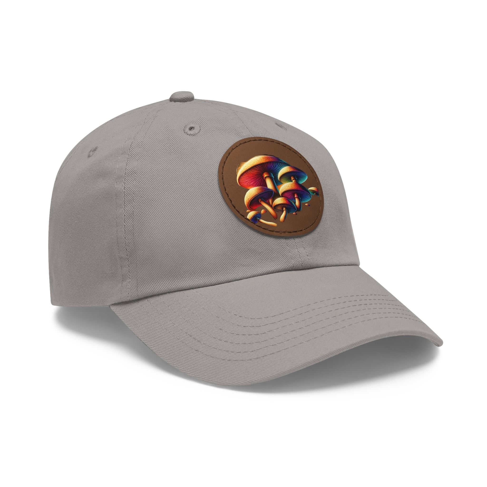 Mushroom Patch Dad Hat — Colorful Psychedelic Fungi Leather Patch Cap