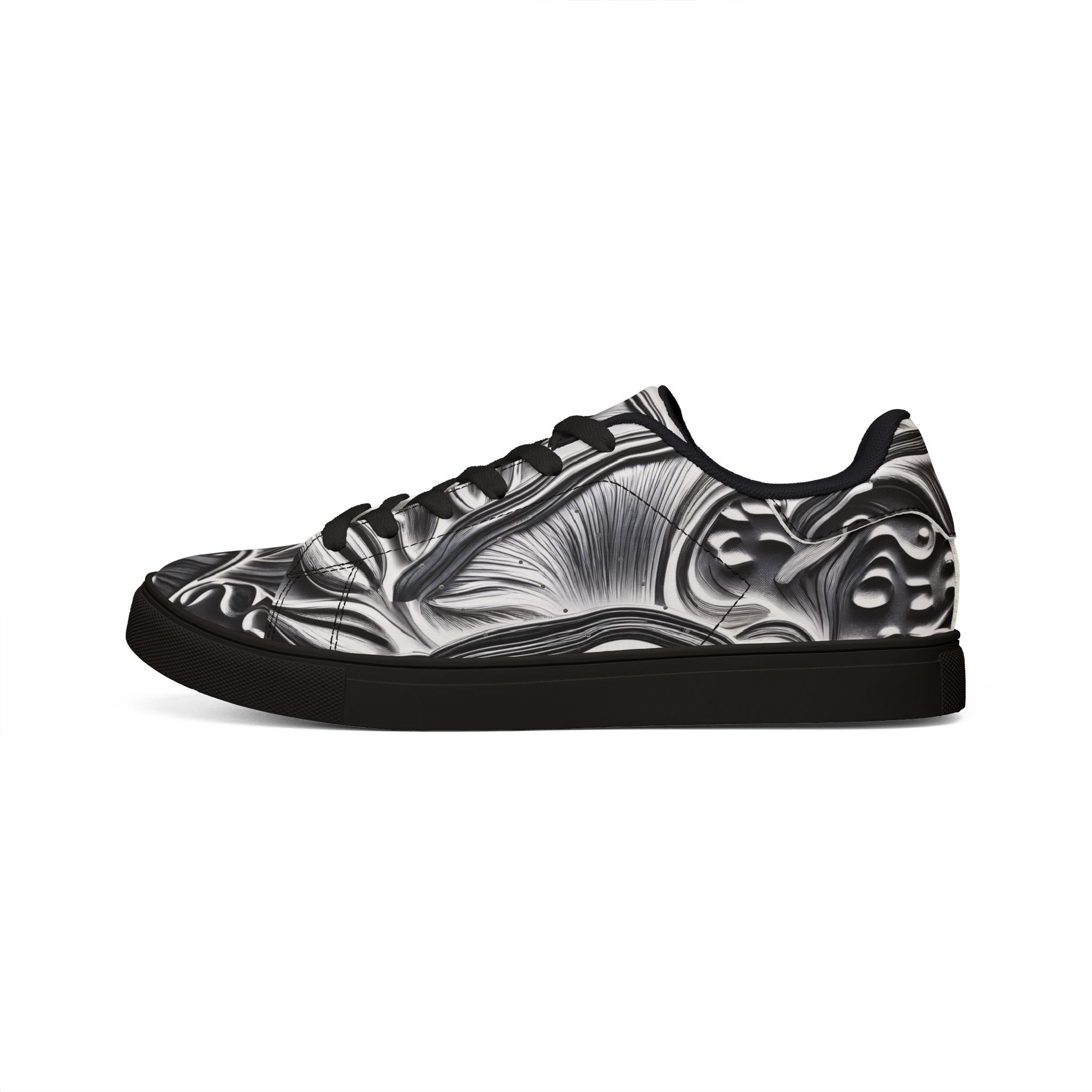 Men's Low-Top Leather Sneakers — Monochrome Abstract Swirl Design