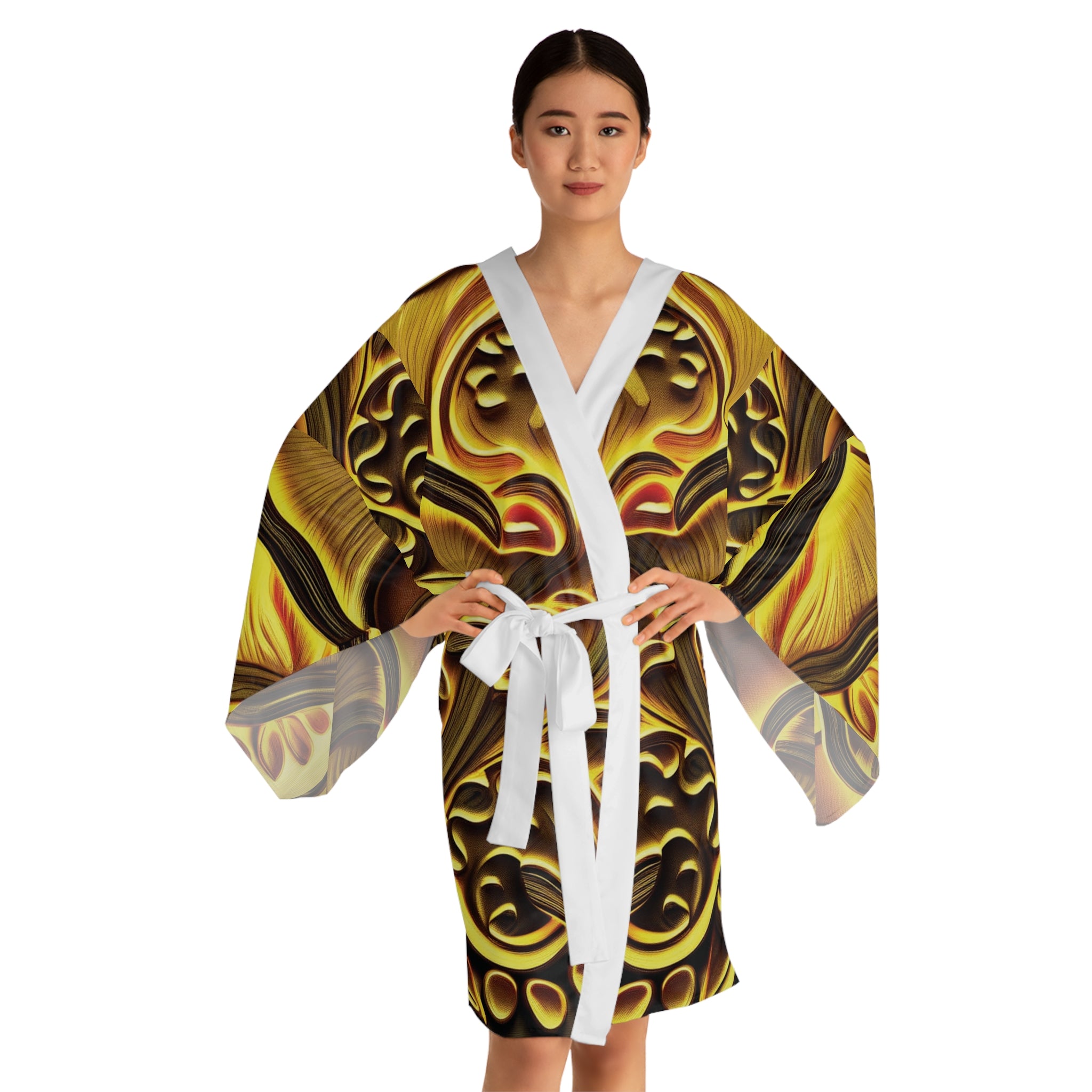Kimono Robe: Gold Floral Kimono Robe — Decorative All-Over Print Long Sleeve