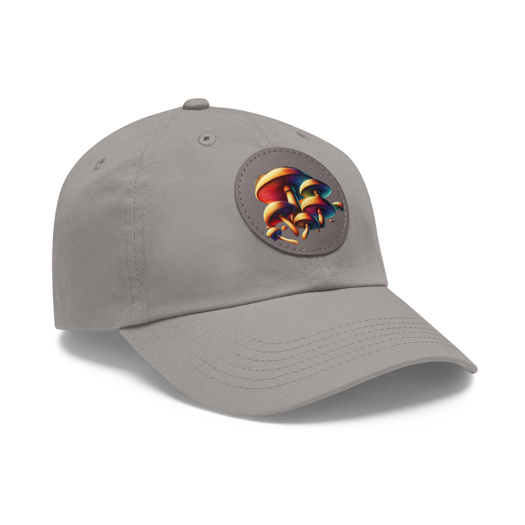 Mushroom Patch Dad Hat — Colorful Psychedelic Fungi Leather Patch Cap