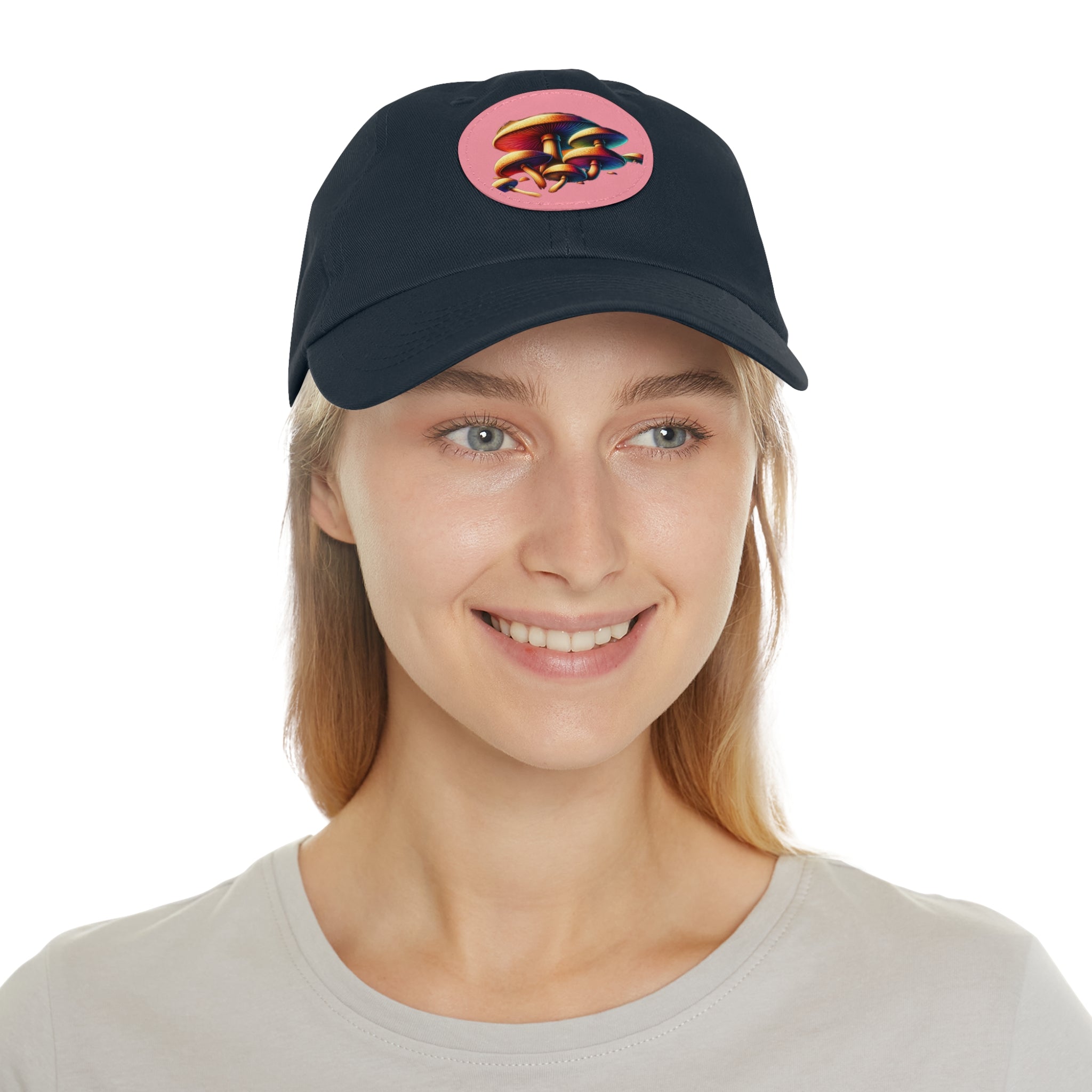 Mushroom Patch Dad Hat — Colorful Psychedelic Fungi Leather Patch Cap