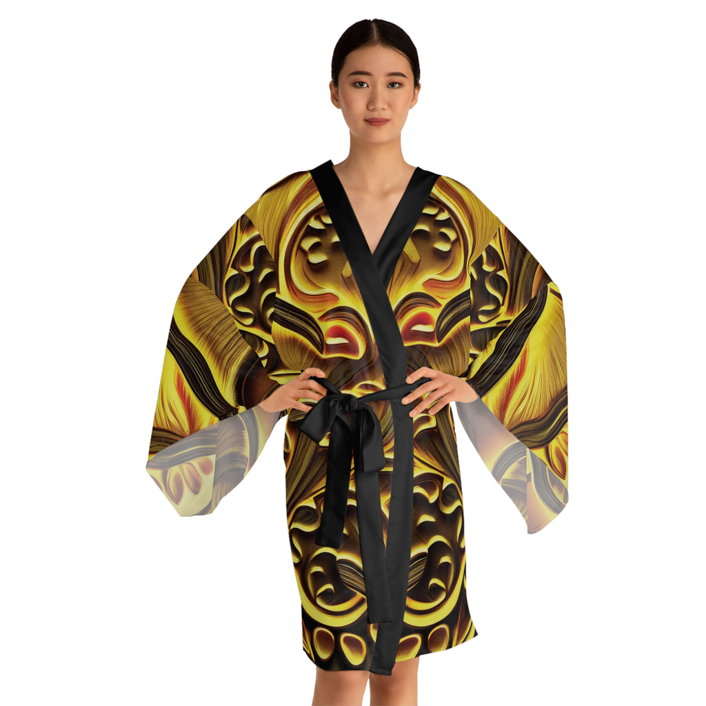 Kimono Robe: Gold Floral Kimono Robe — Decorative All-Over Print Long Sleeve