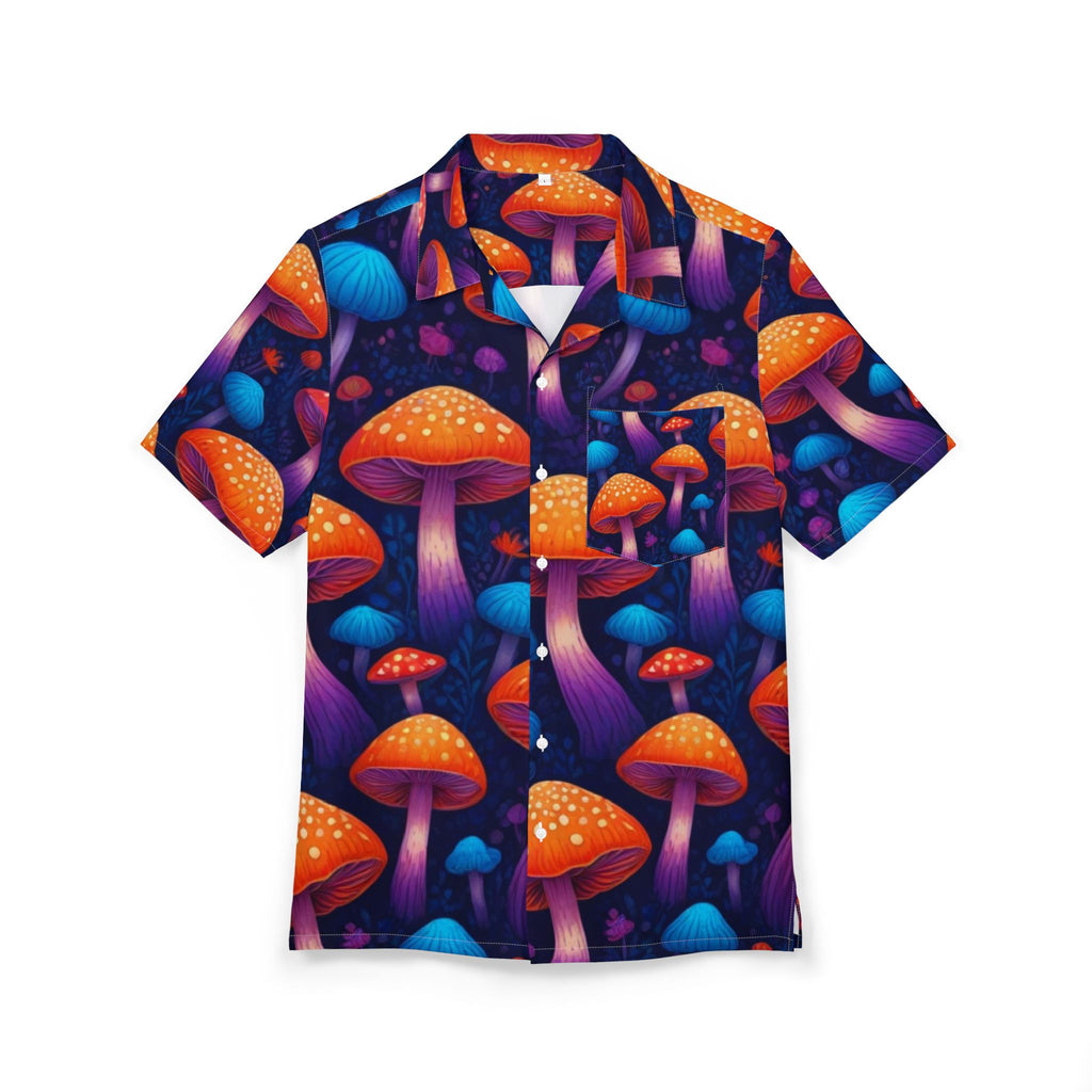Chemise hawaïenne Champignons psychédéliques — Imprimé all-over orange néon et violet, boutonnée