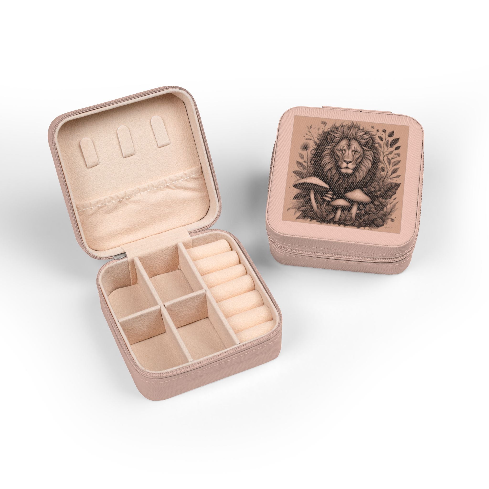 Lion & Mushrooms Jewelry Travel Case — Compact Organizer for Rings, Earrings & Necklaces