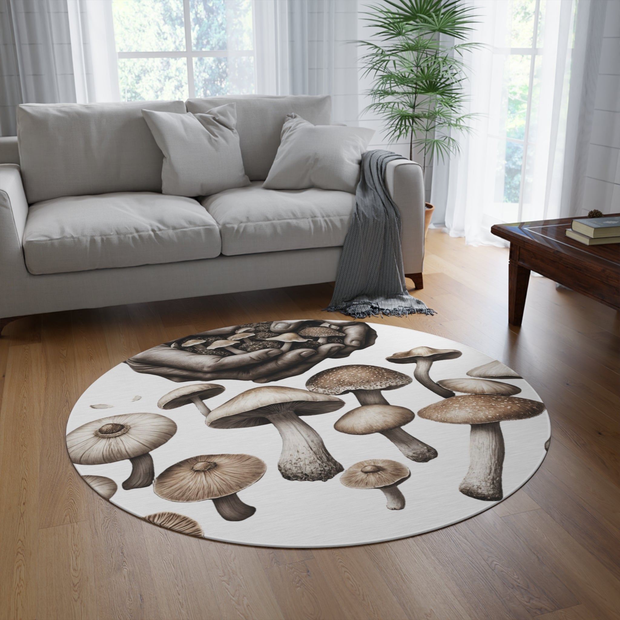 Mushroom Forager Round Rug — Botanical Fungi Floor Mat
