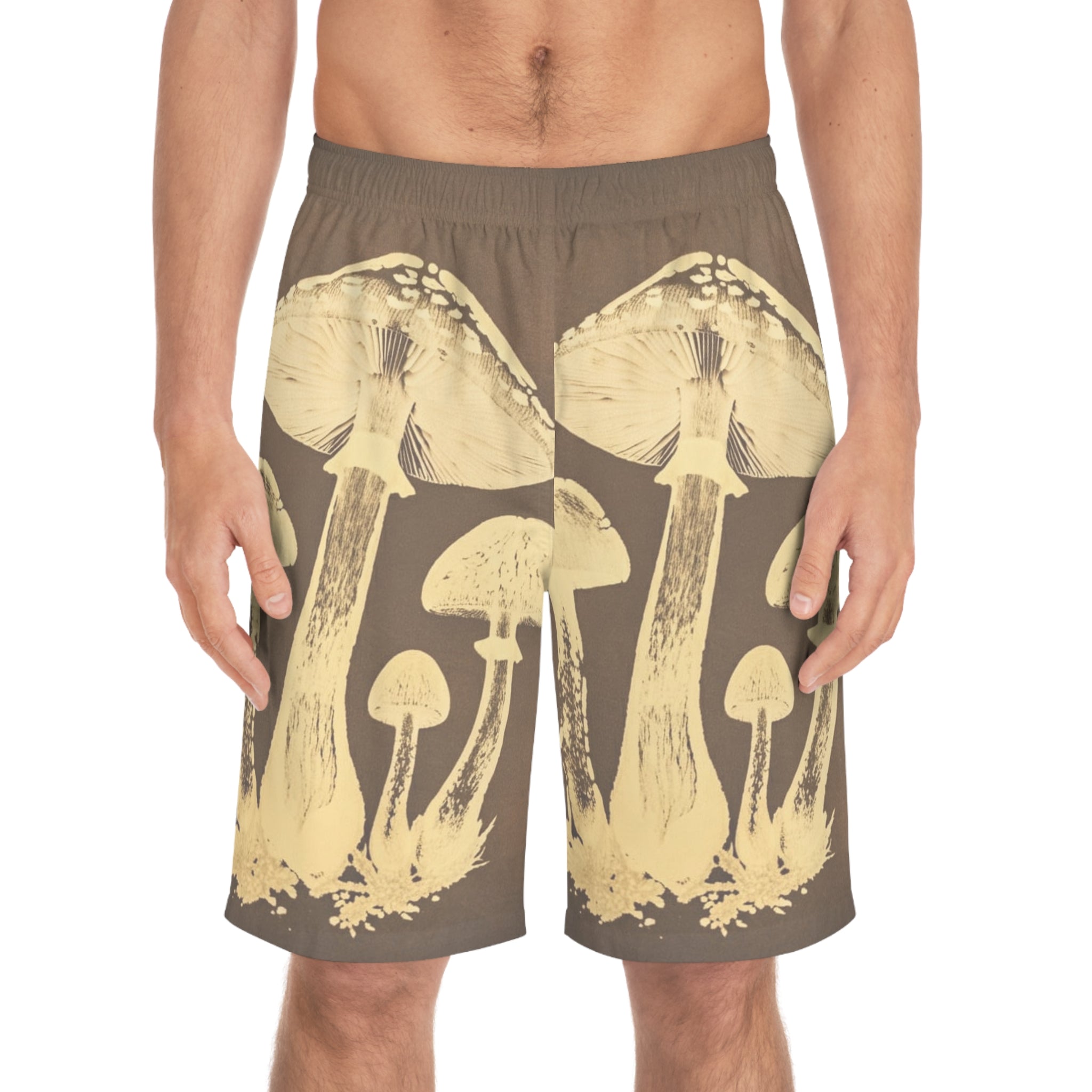 Mushroom Print Board Shorts — Vintage Botanical Surf Trunks