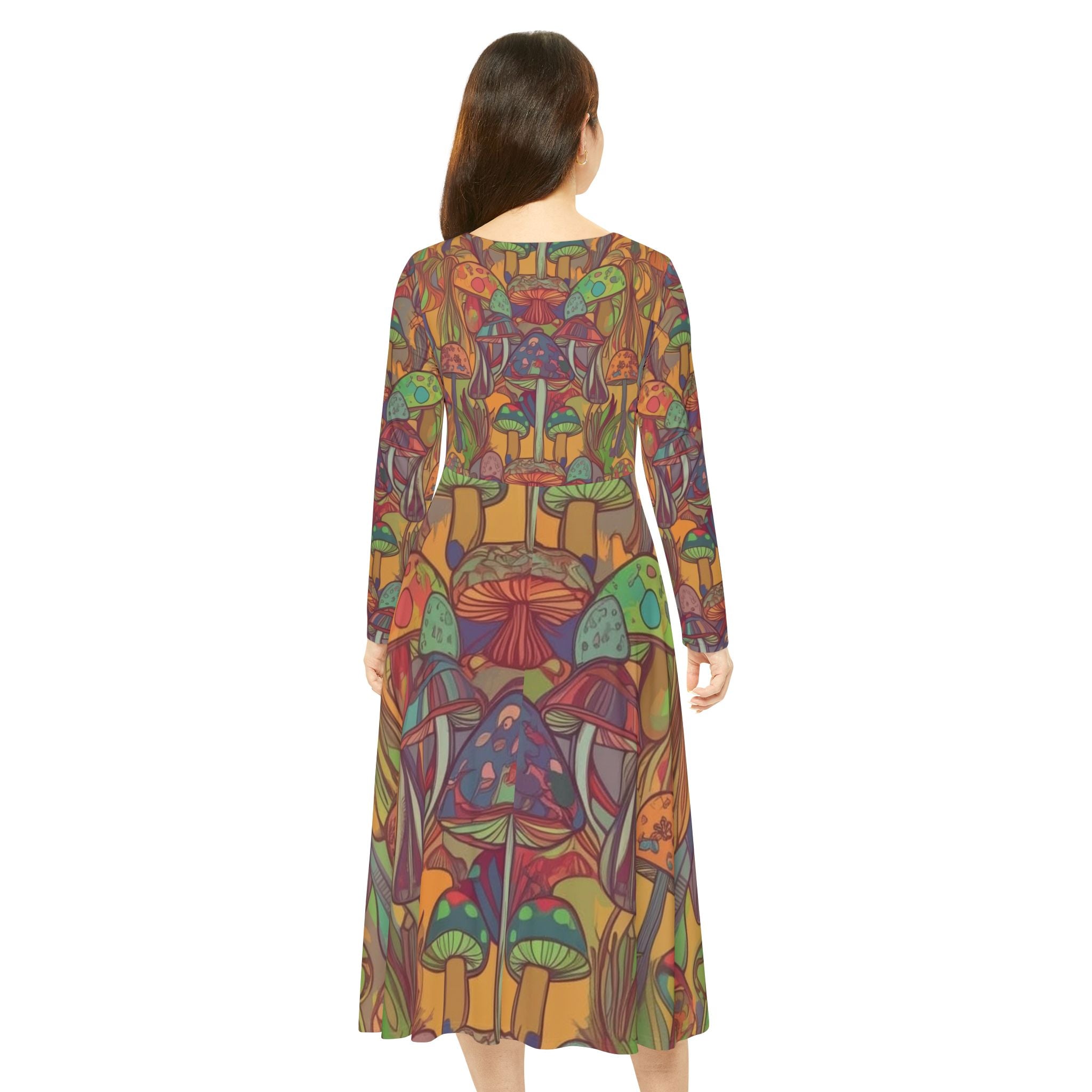 Mushroom Forest Long Sleeve Dance Dress — Psychedelic Boho Floral AOP
