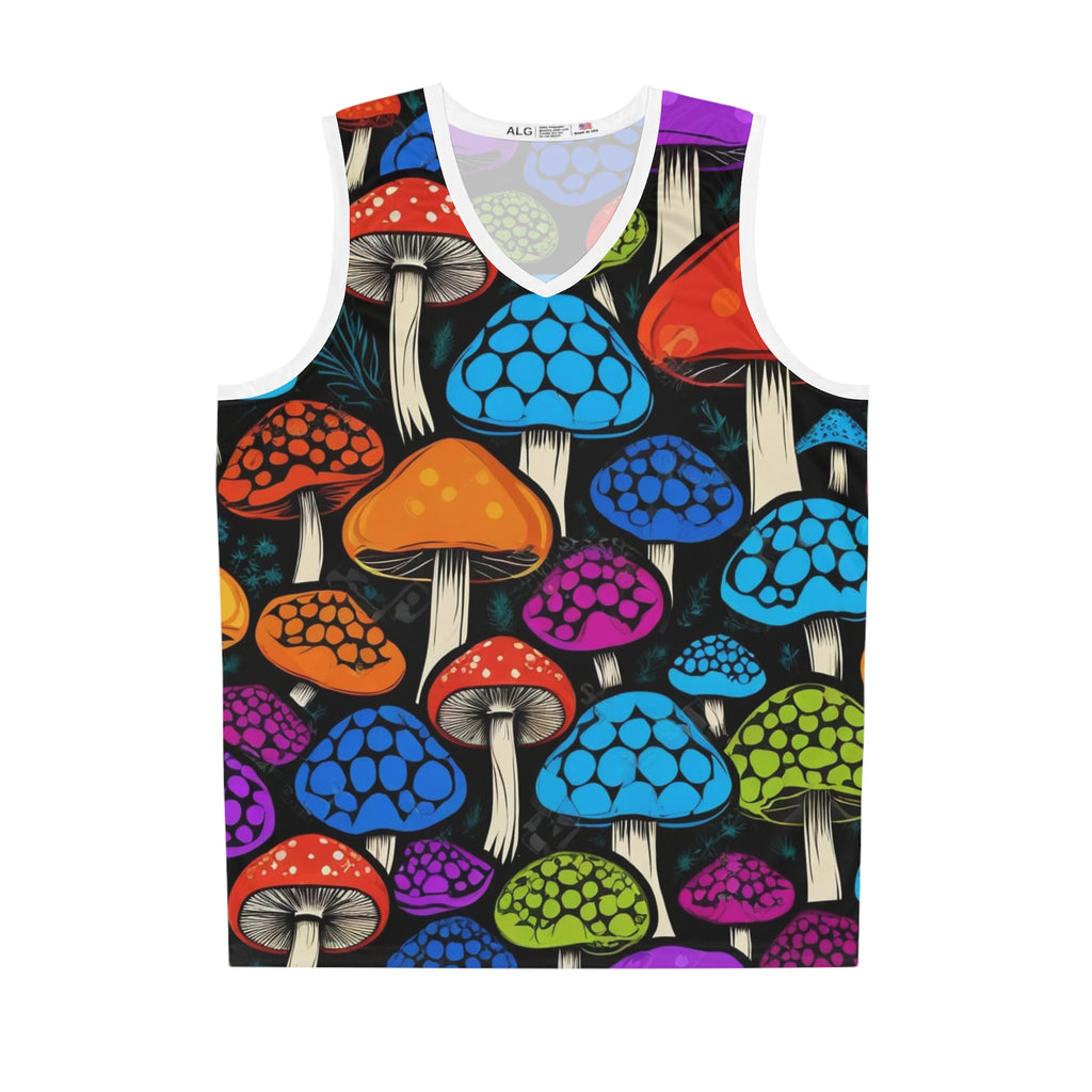 Mushroom Pattern Basketball Jersey – Psychedelic Rainbow Fungi All-Over Print