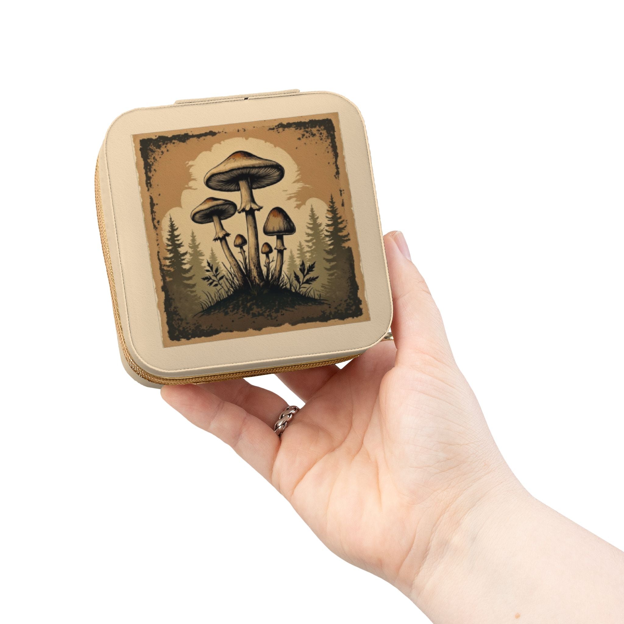 Mushroom Forest Jewelry Travel Case — Compact Velvet-Lined Organizer