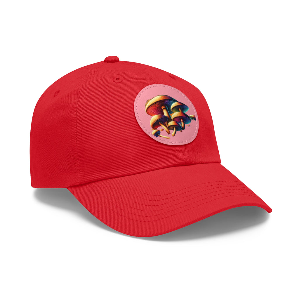 Mushroom Patch Dad Hat — Colorful Psychedelic Fungi Leather Patch Cap