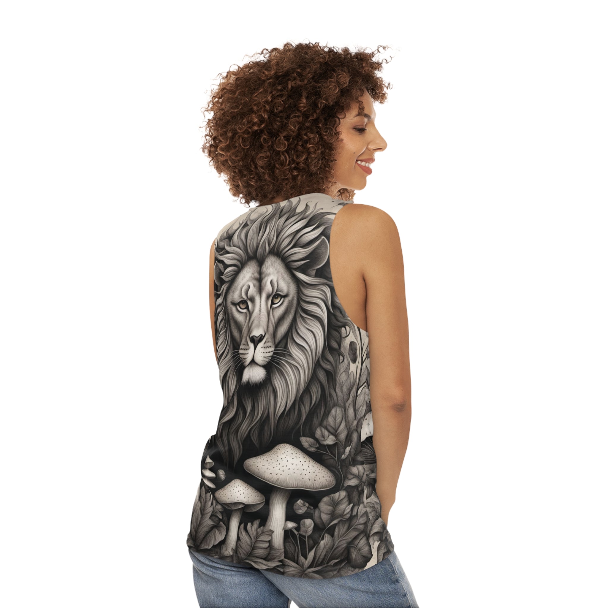 Lion and Mushrooms All-Over Print Tank Top — Monochrome Majestic Forest Vibe