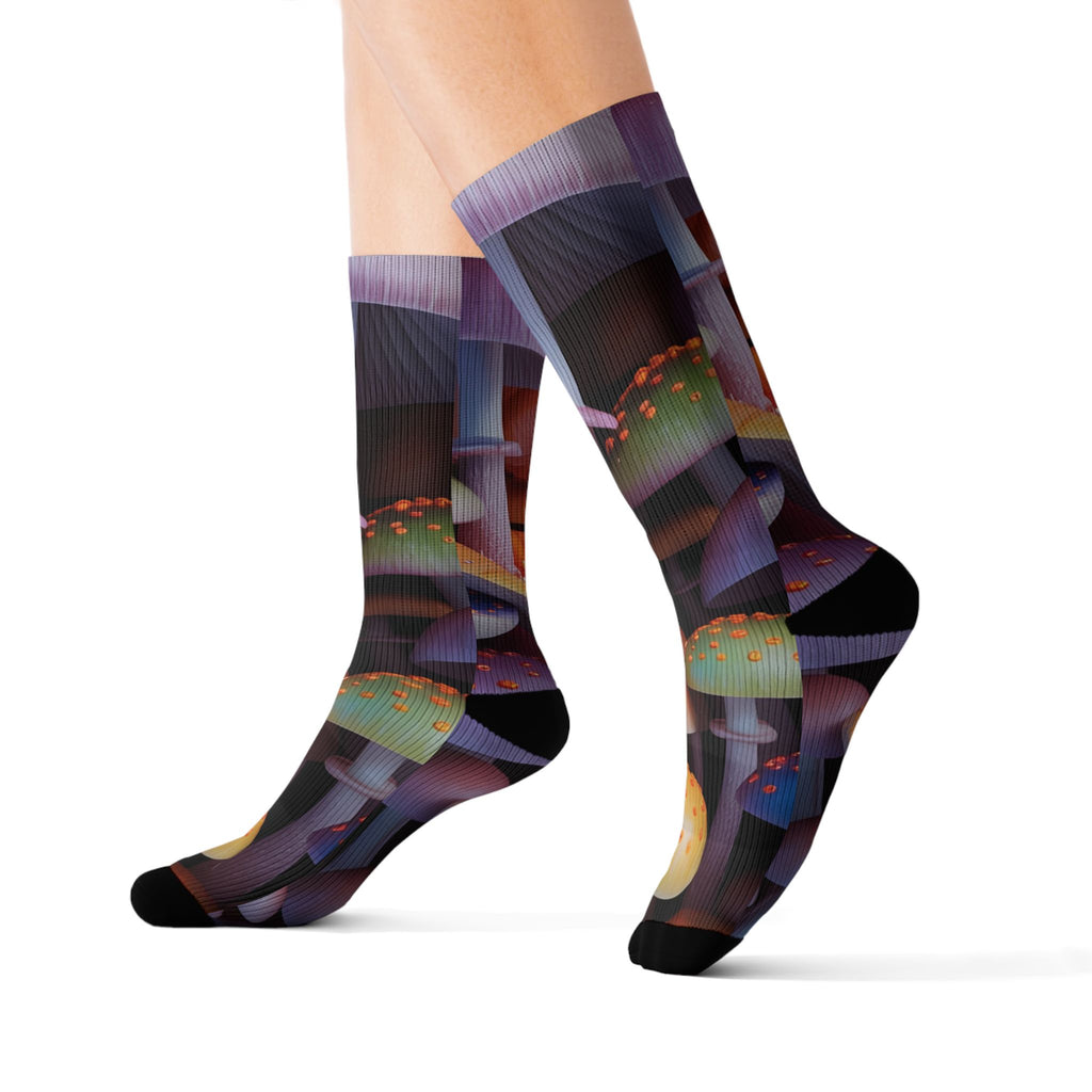 Socks: Mushroom Forest Sublimation Socks — Colorful Psychedelic Fungi Crew Socks