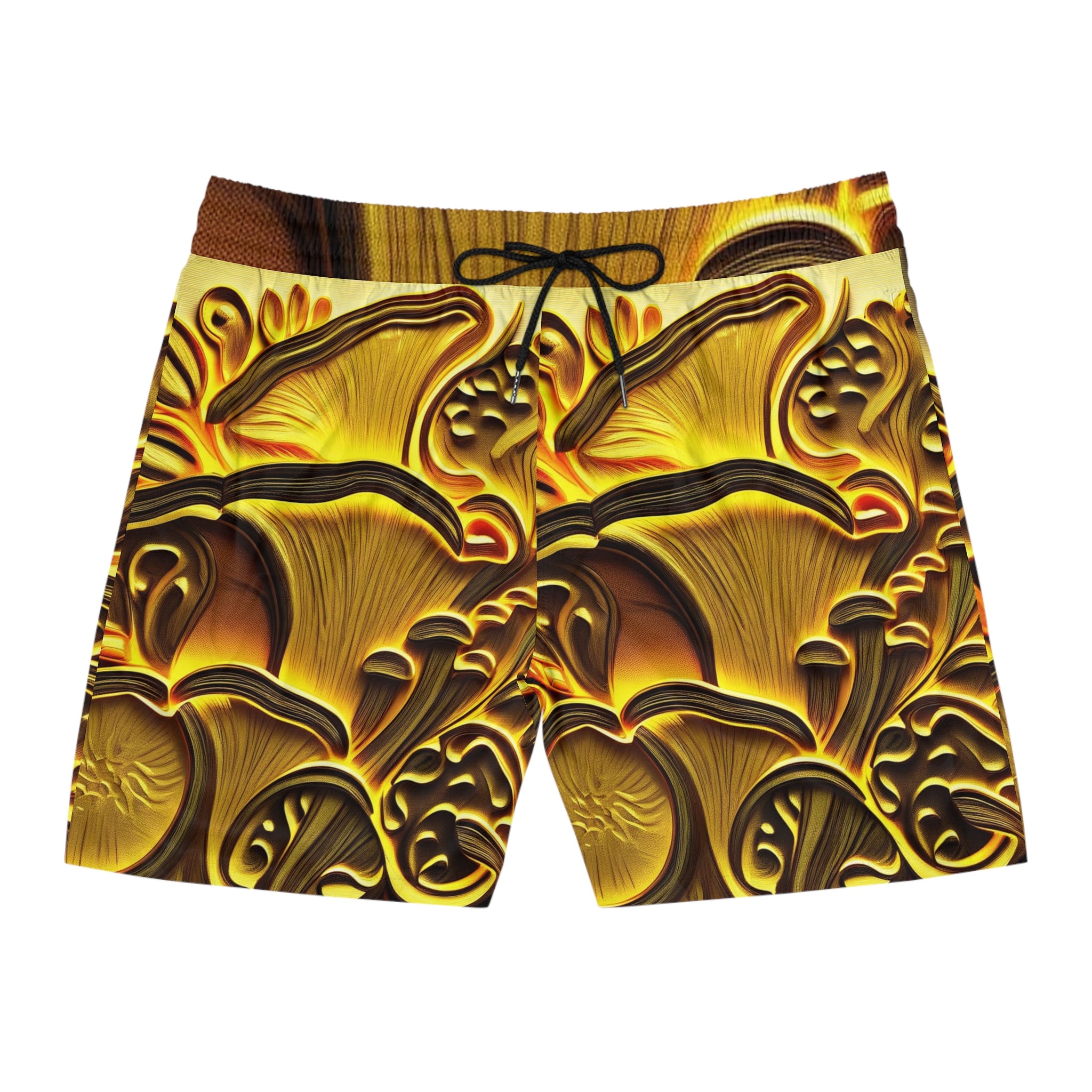 Golden Mushroom Print Swim Shorts — Men’s Mid-Length Tropical Boardshorts