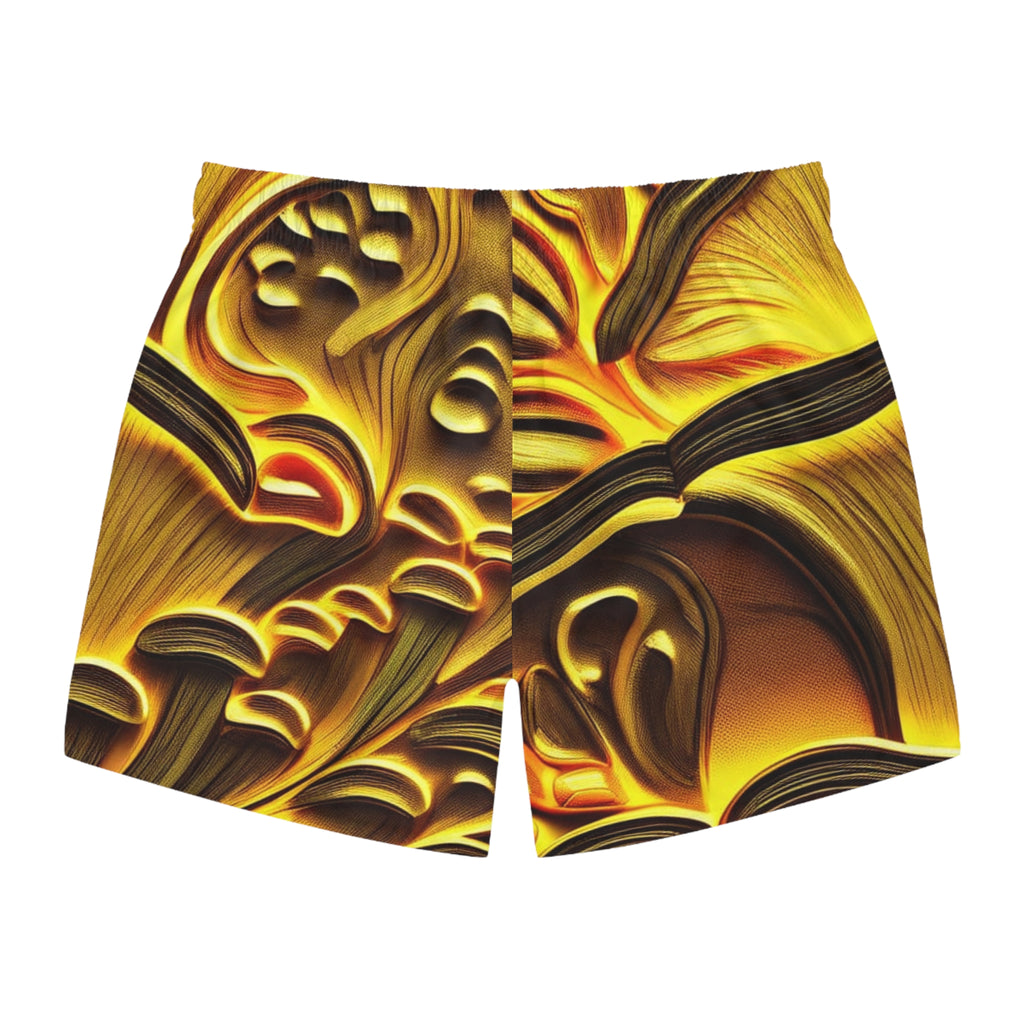 Golden Swirl Swim Trunks — Abstract Tropical AOP Beach Shorts
