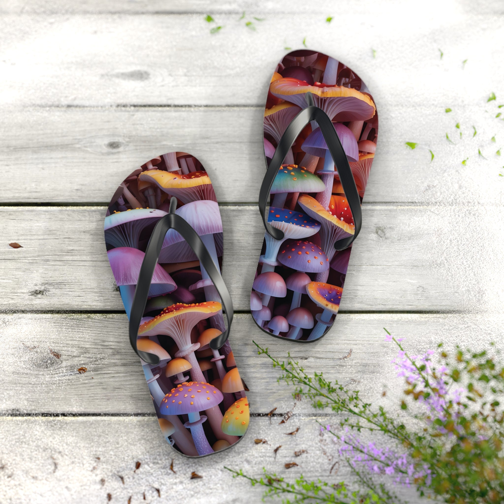 Flops: Psychedelic Mushroom Flip Flops - Colorful Fantasy Beach Sandals