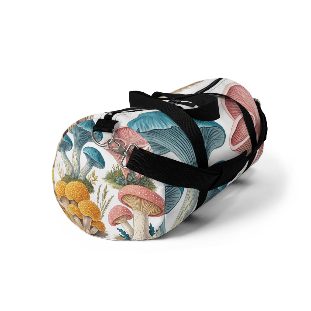 Mushroom Garden Duffel Bag — Botanical Blue & Pink Fungi Travel Bag