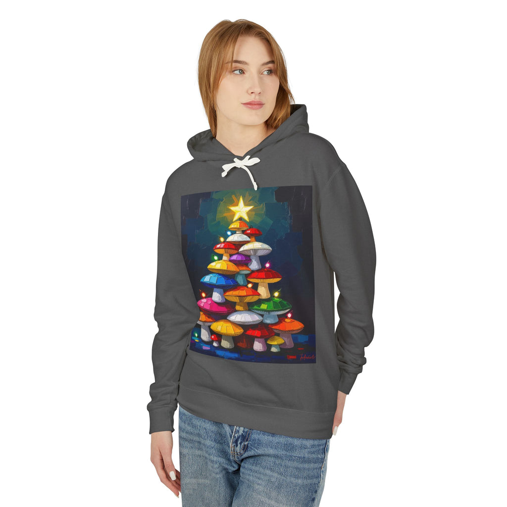 Mushroom Christmas Tree Hoodie — "Happy Shroom Forager" Holiday Pullover