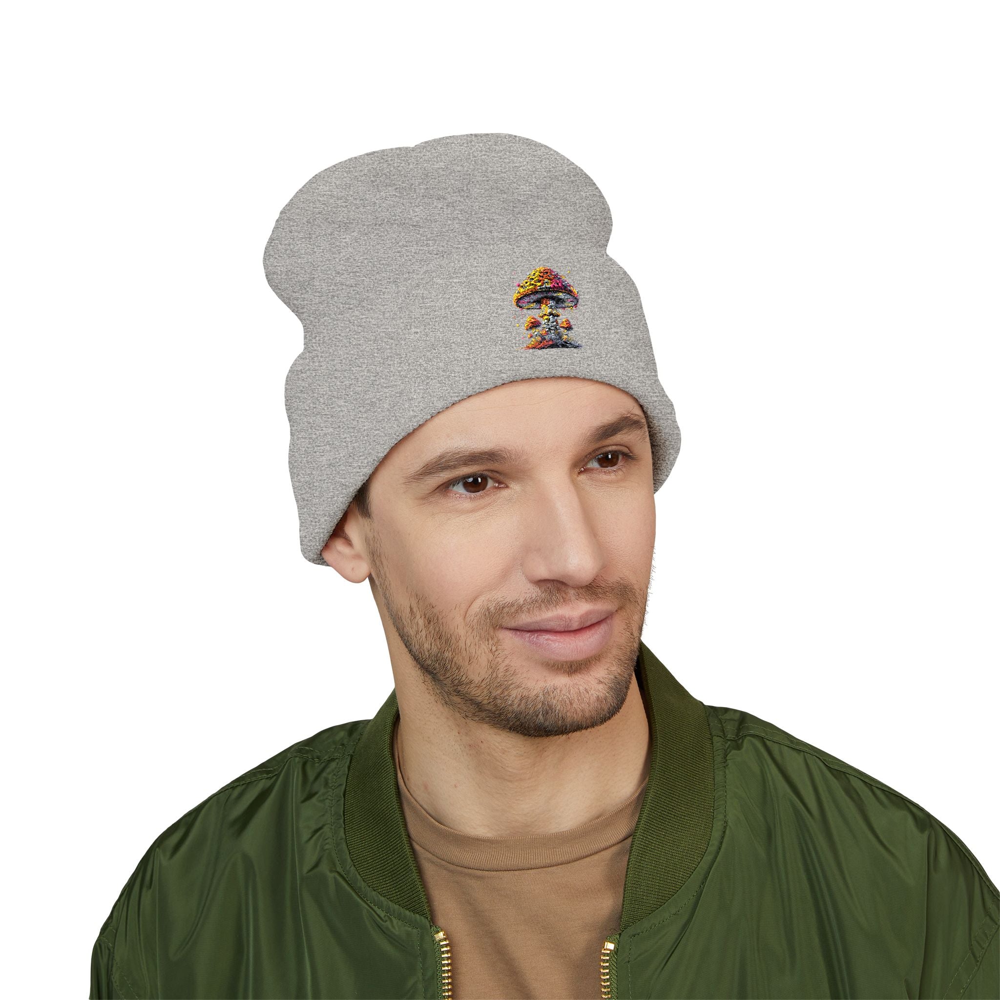 Beanie: Embroidered Colorful Mushroom Beanie — Cute Cuffed Knit Hat