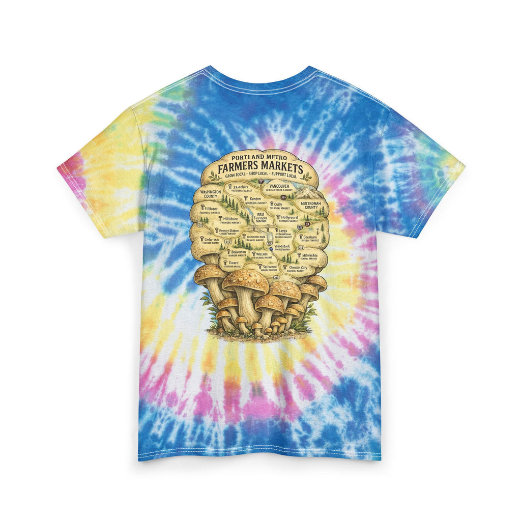 Tie-Dye T-Shirt — Vintage Mushroom Skull Scenic Print (Farmers Market Map)