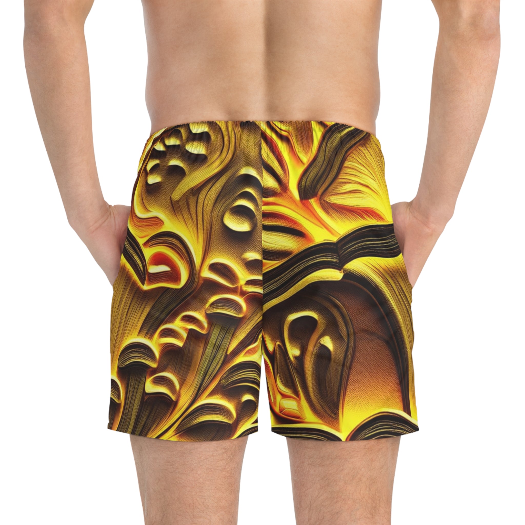 Golden Swirl Swim Trunks — Abstract Tropical AOP Beach Shorts