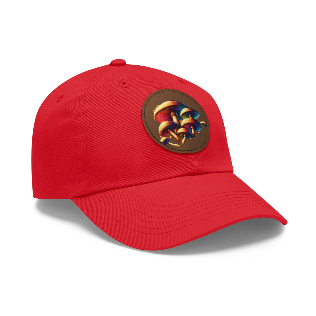 Mushroom Patch Dad Hat — Colorful Psychedelic Fungi Leather Patch Cap