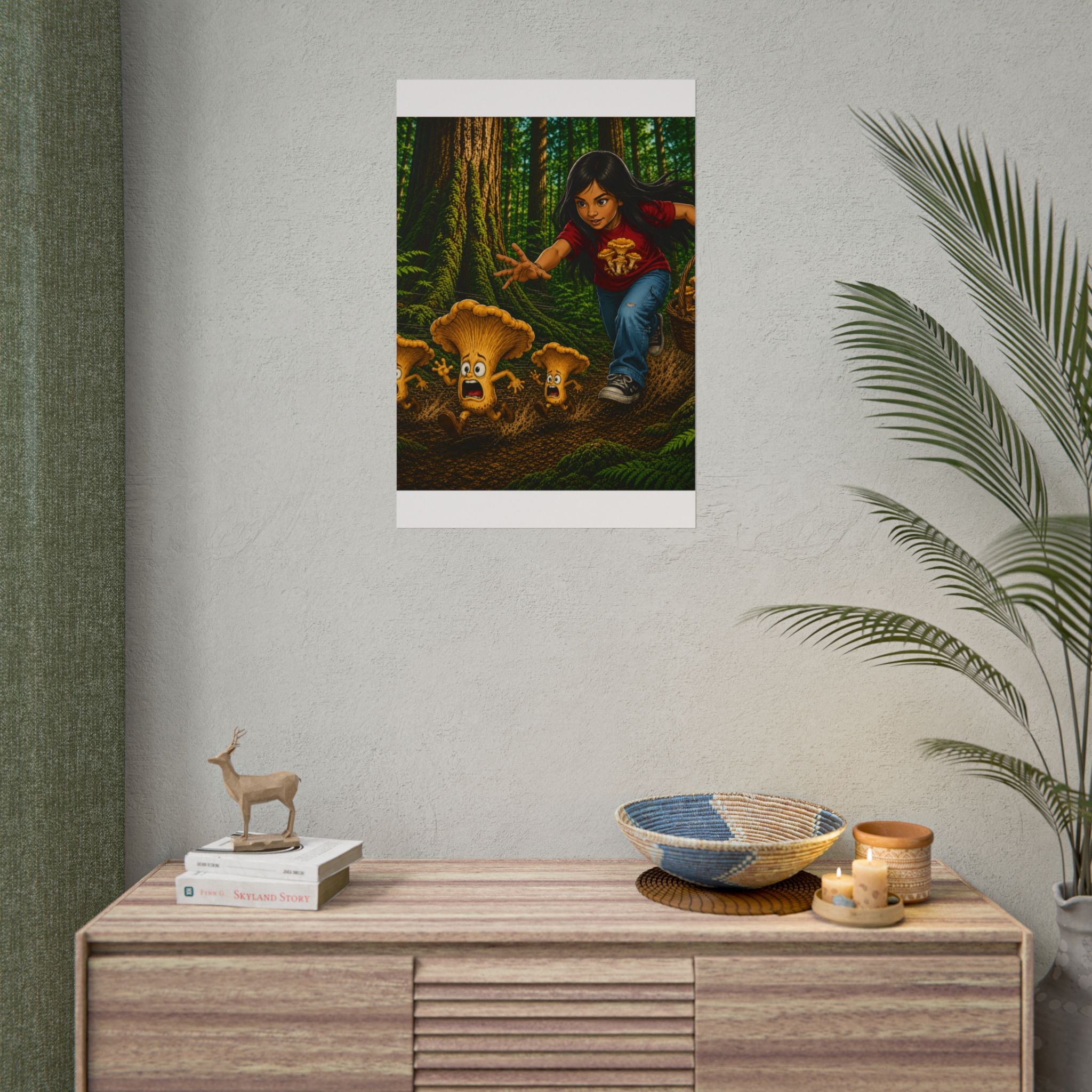 Rolled Poster: Girl Chasing Animated Mushrooms Forest Art Print