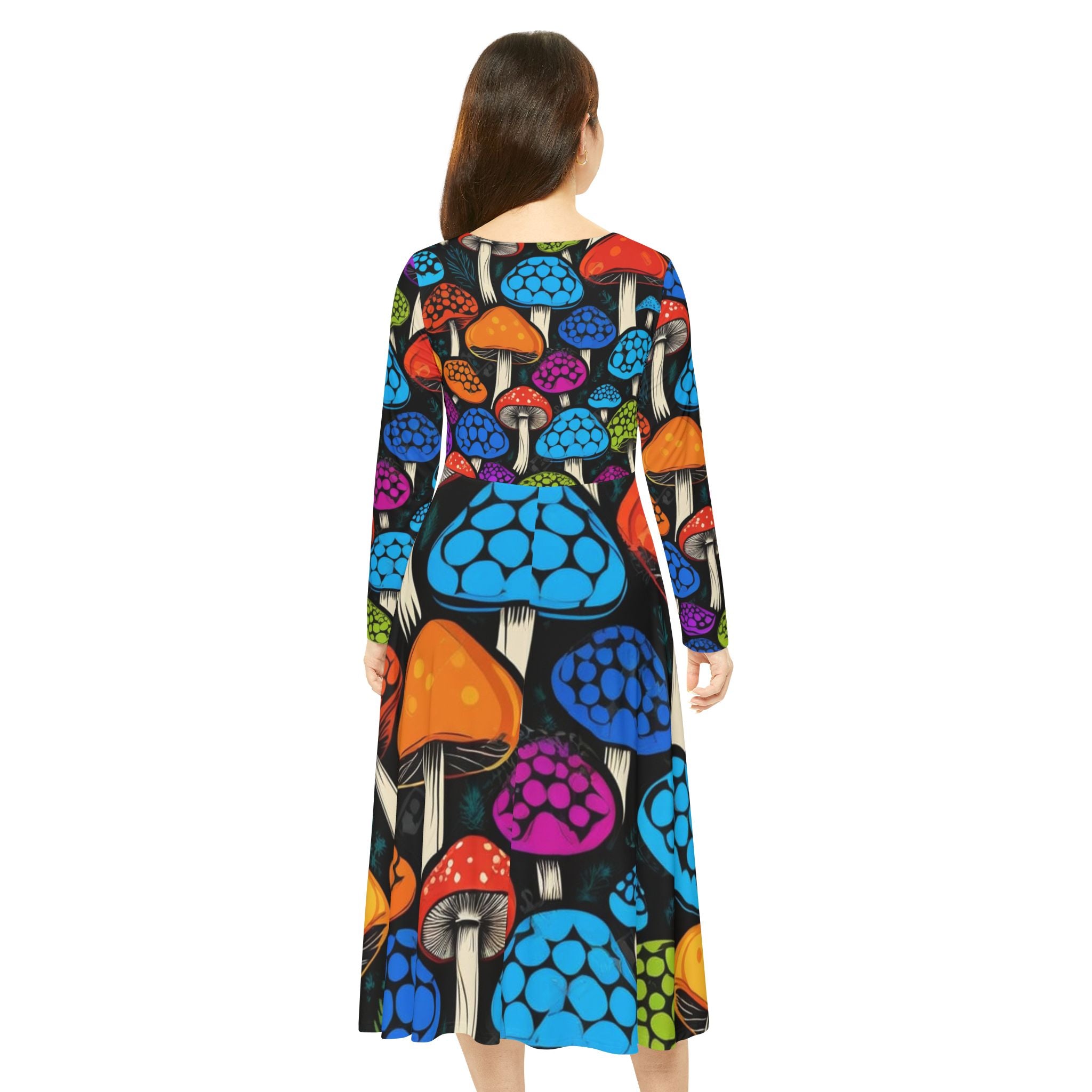 Mushroom Print Long Sleeve Dance Dress – Colorful Psychedelic Fungi AOP