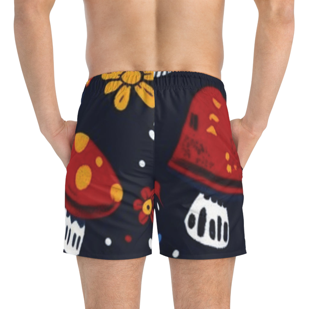 Mushroom Floral Swim Trunks - Red Toadstool Pattern Beach Shorts