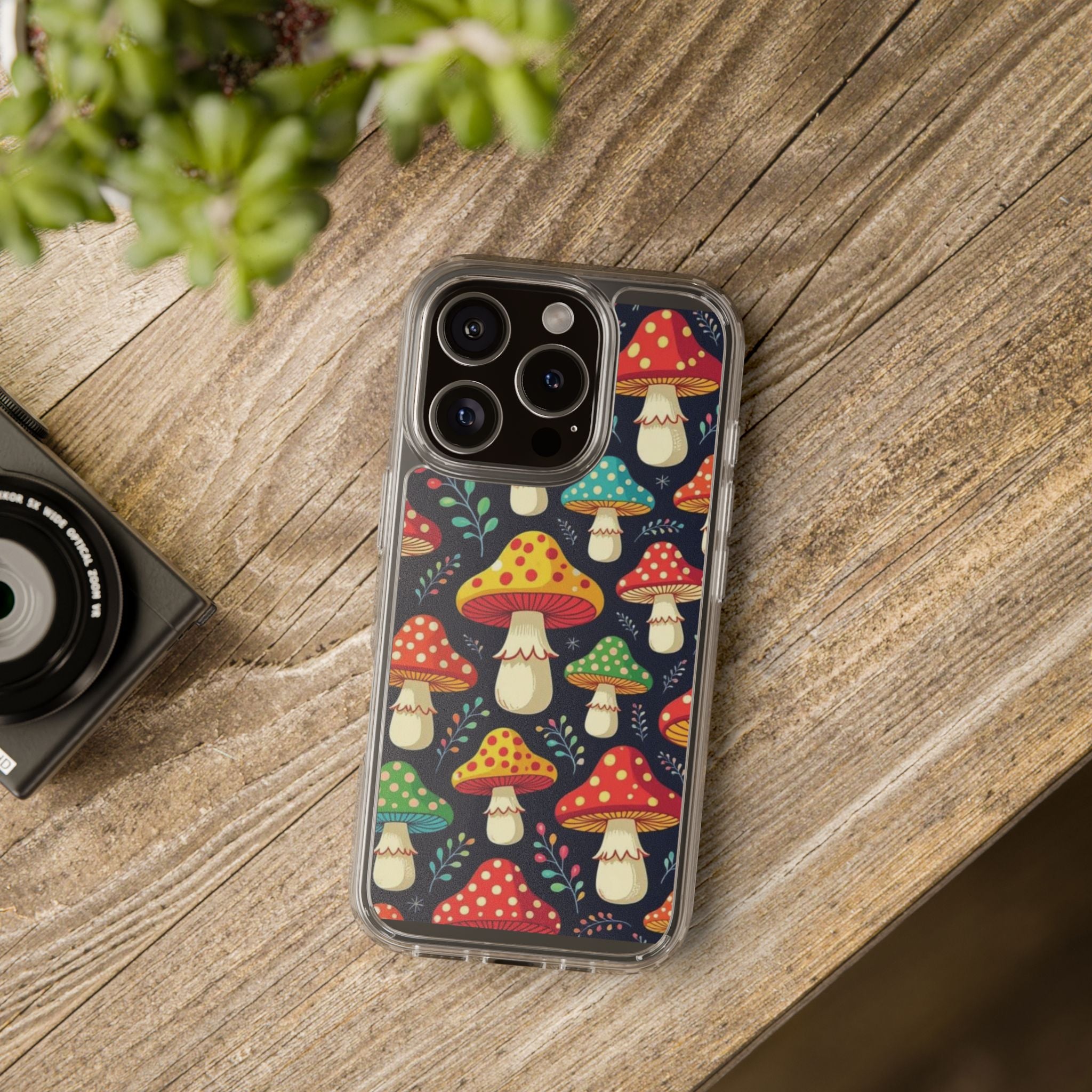 Phone Case: Mushroom Pattern Clear Phone Case — Colorful Toadstool Floral Design