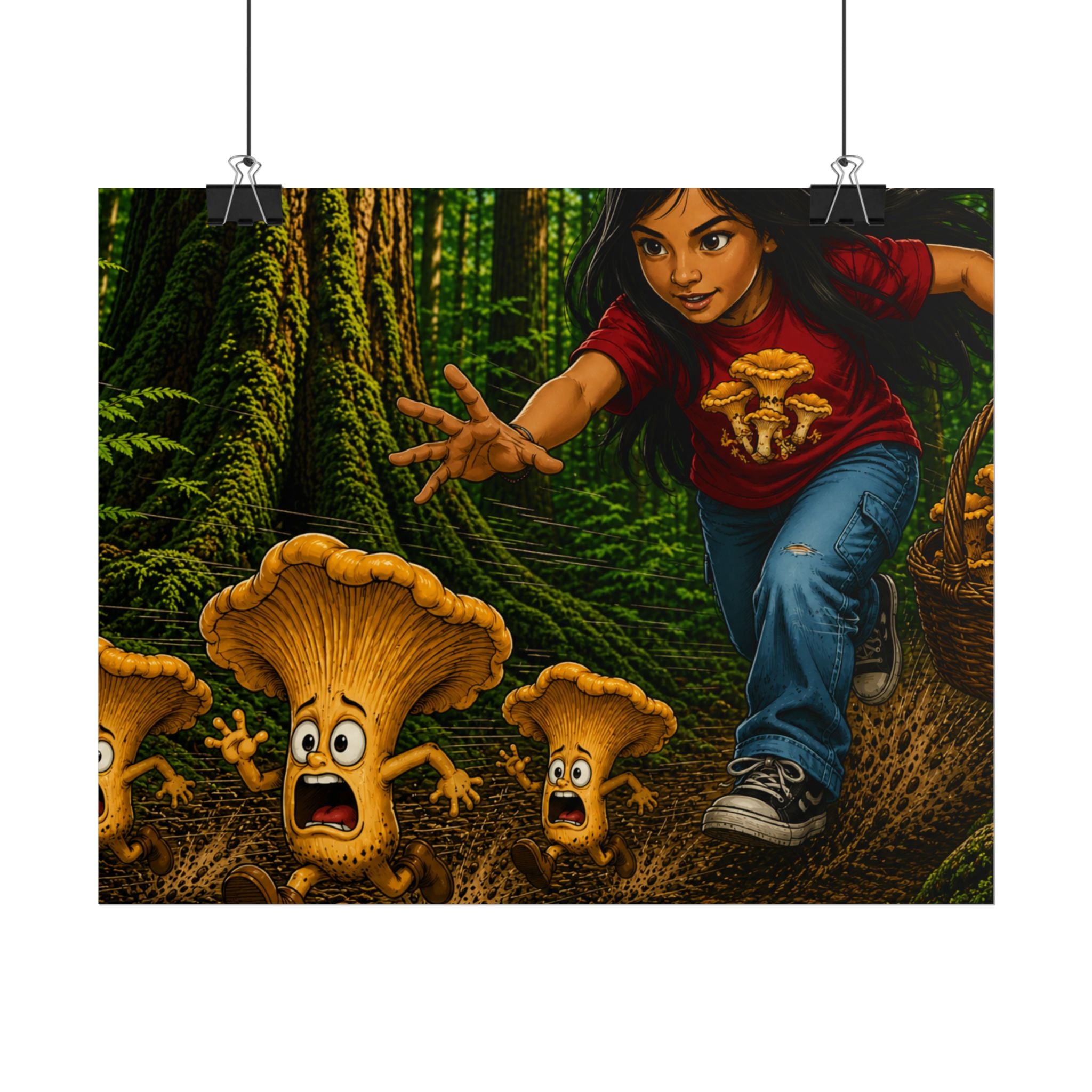 Rolled Poster: Girl Chasing Animated Mushrooms Forest Art Print