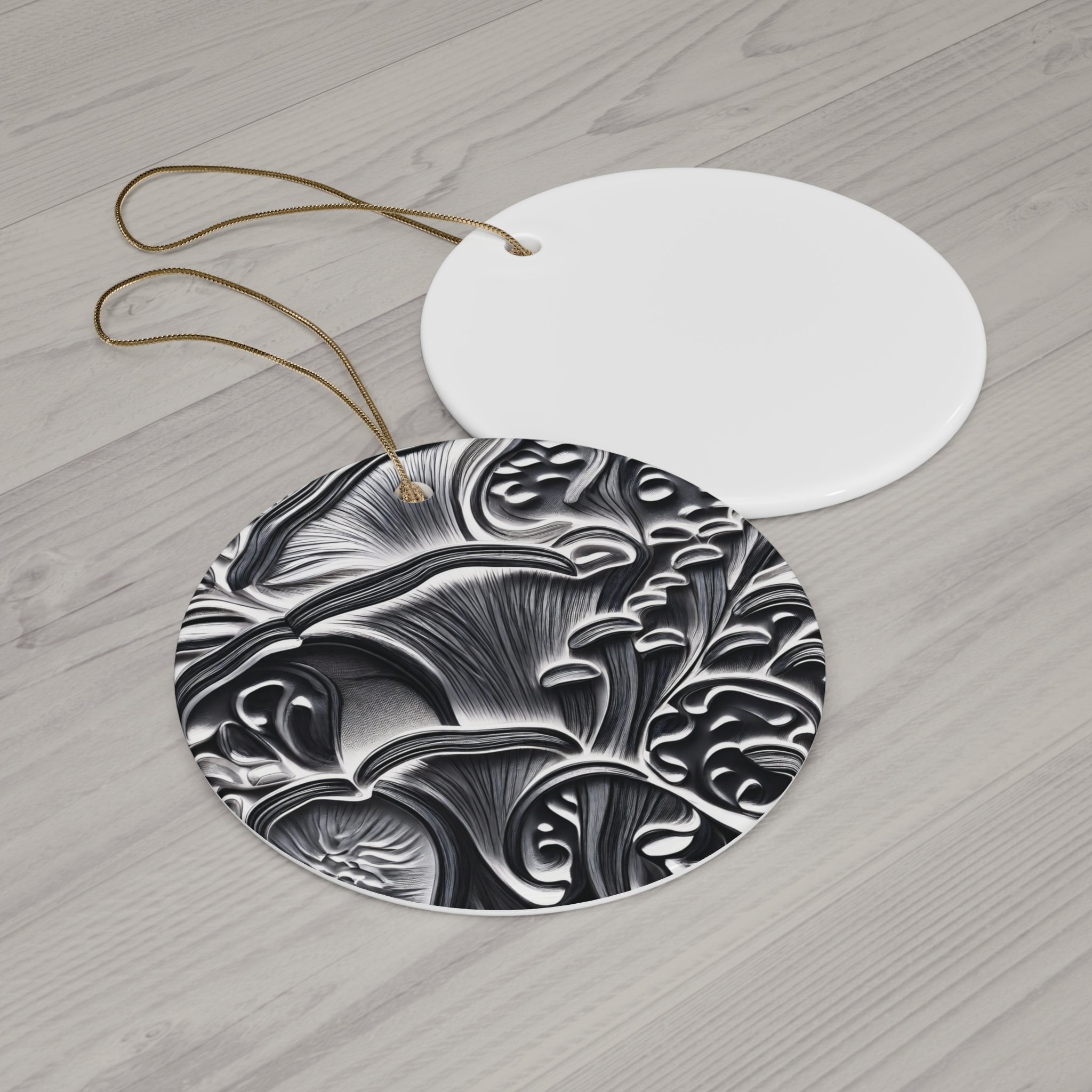 Ceramic Ornament: Black & White Mushroom Ceramic Ornament — Star-Shaped Decorative Holiday Keepsake