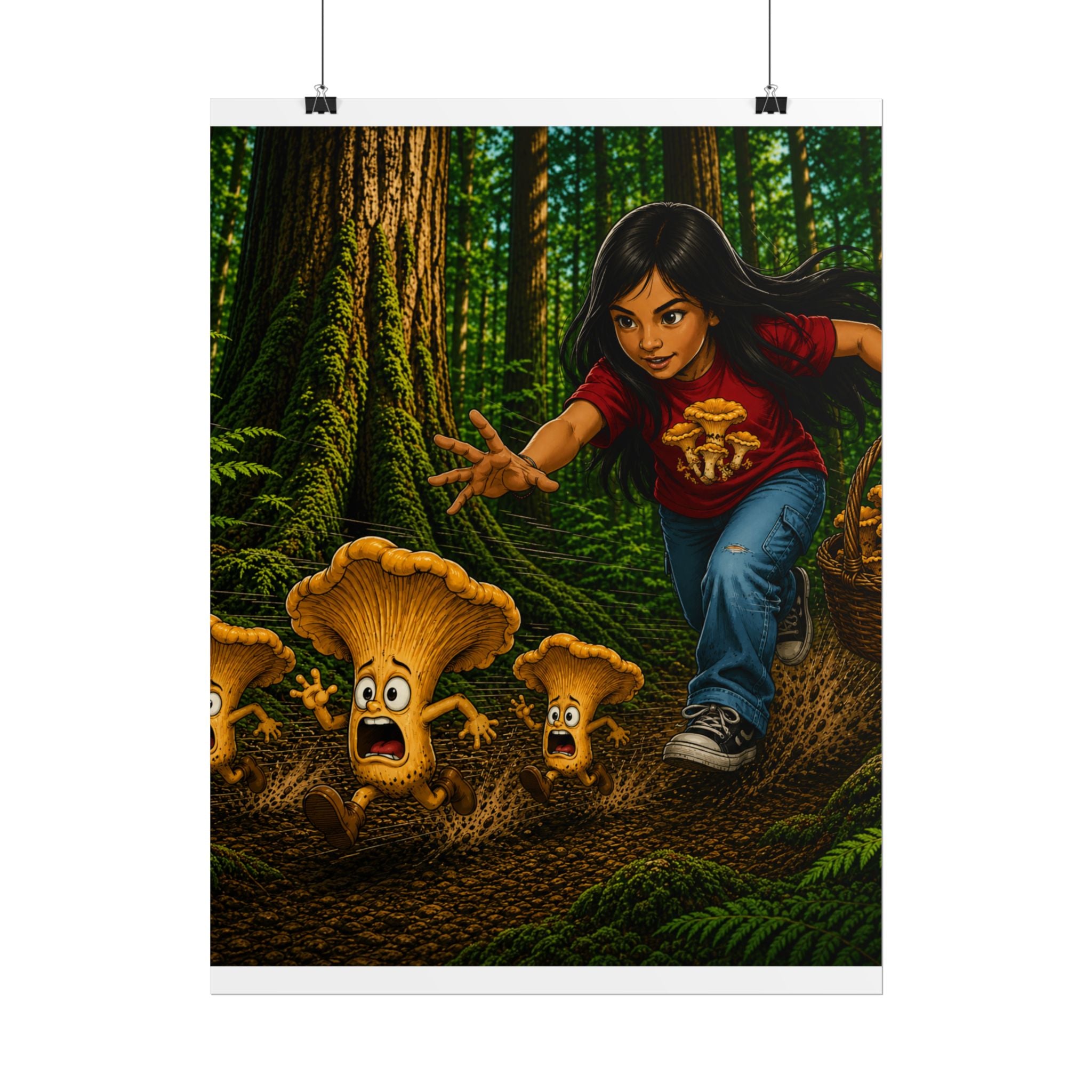 Rolled Poster: Girl Chasing Animated Mushrooms Forest Art Print