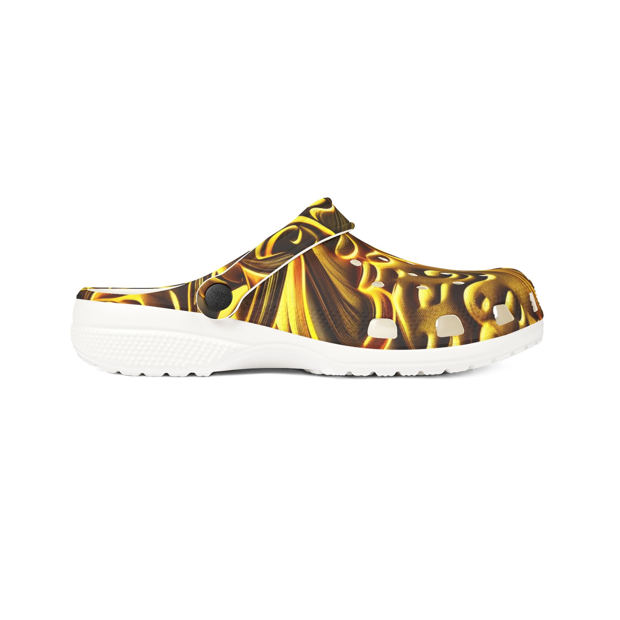 Clogs: Golden Swirl EVA Foam Clogs — Abstract Metallic Pattern Slip-Ons