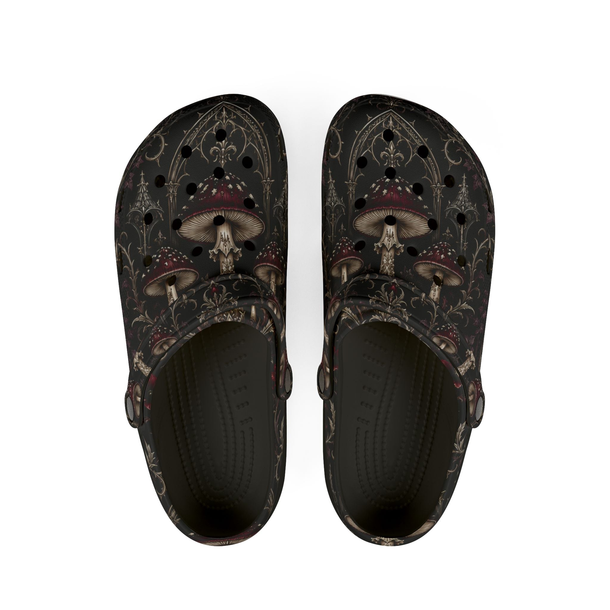 Clogs: Mushroom Garden EVA Foam Clogs — Lightweight Comfort Shoes with Dark Fungi Print