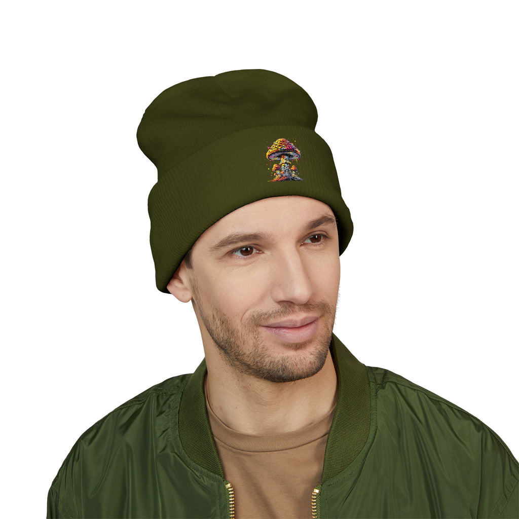 Beanie: Embroidered Colorful Mushroom Beanie — Cute Cuffed Knit Hat