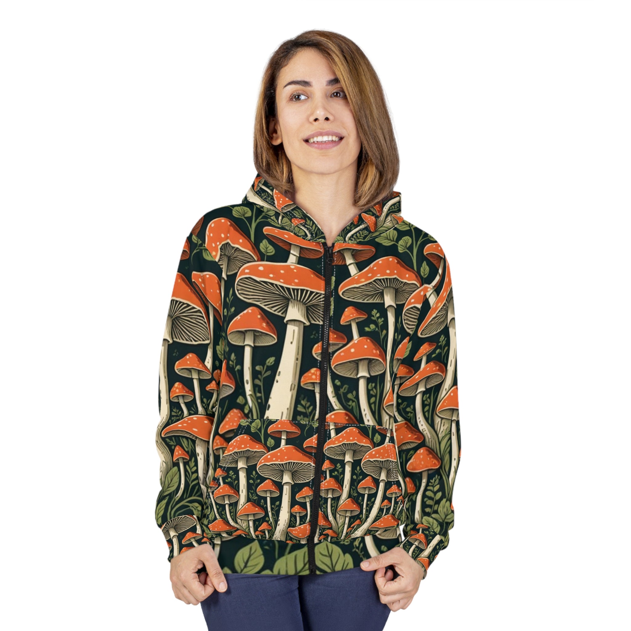 Mushroom Forest Zip Hoodie — All-Over Print Psychedelic Fungi Design