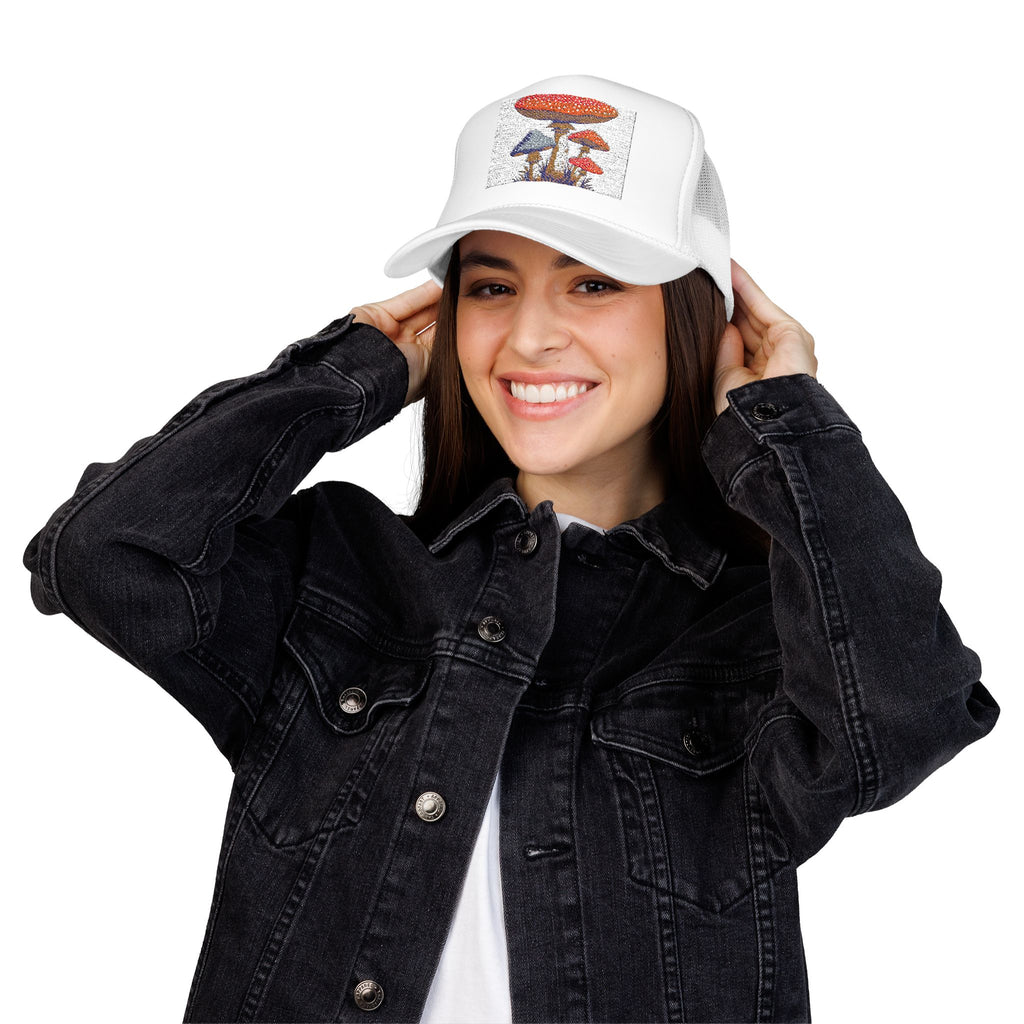 Mushroom Patch Trucker Hat — Vintage Fungi Graphic Foam Cap
