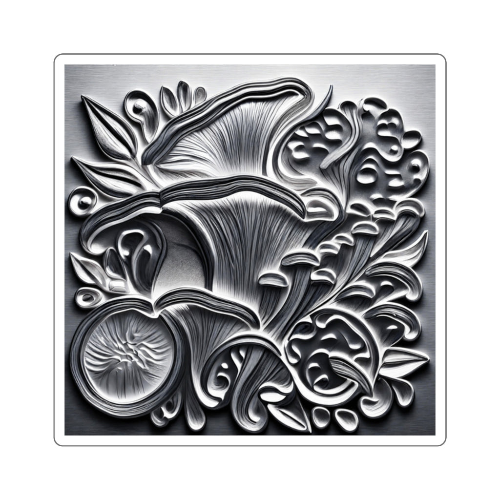 Metallic Botanical Square Sticker — Embossed Floral Mushroom Design