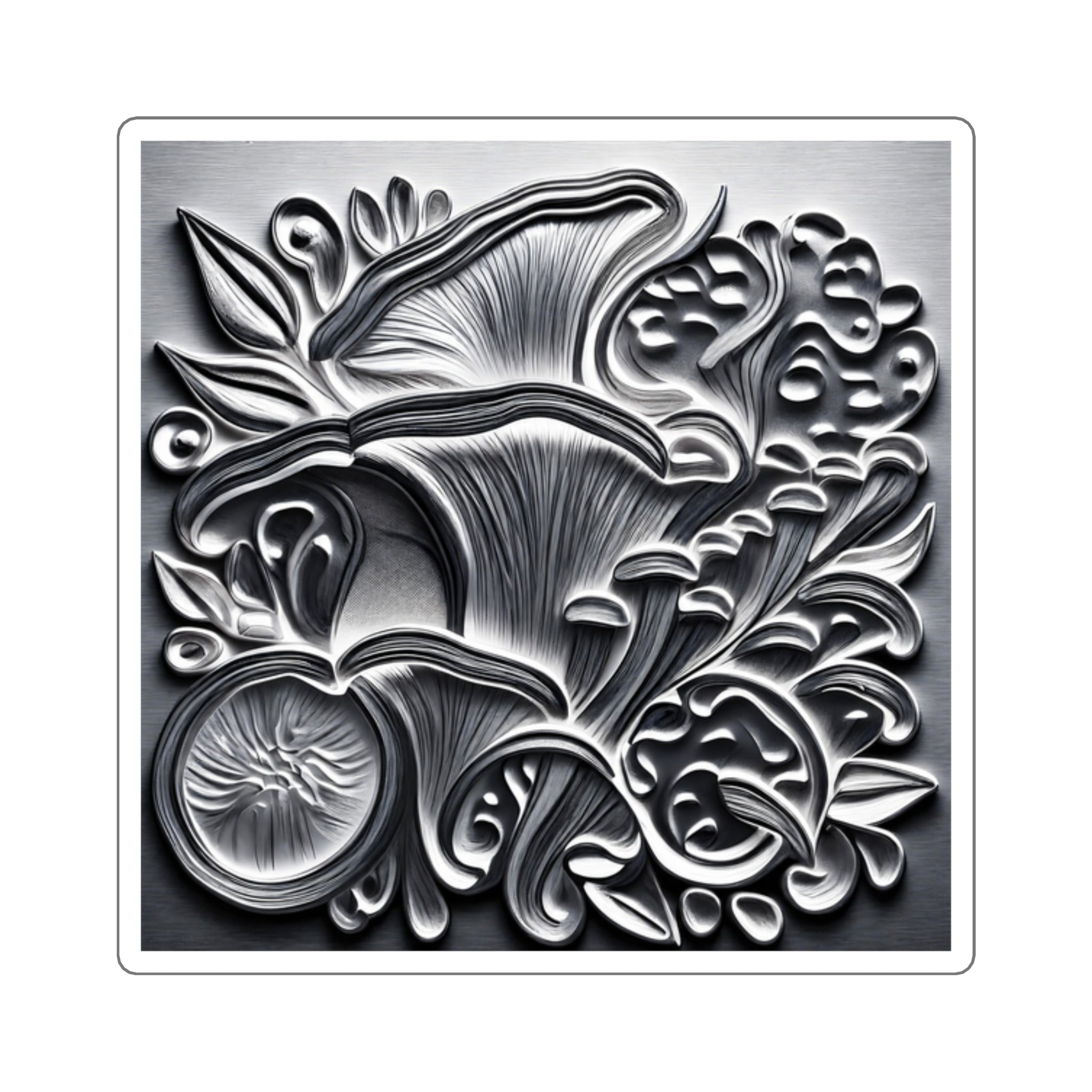 Metallic Botanical Square Sticker — Embossed Floral Mushroom Design