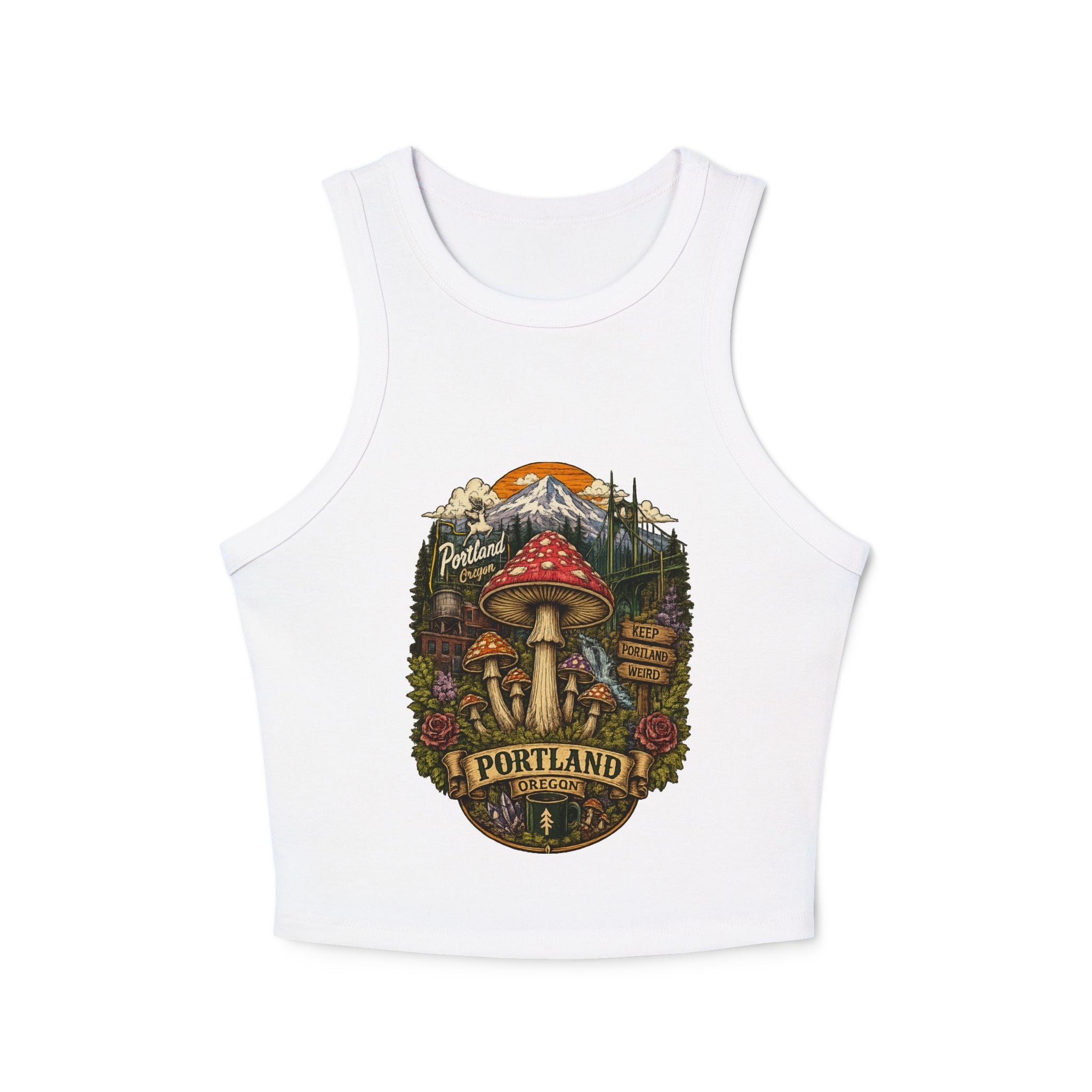 Tank Top: Portland Mushroom Graphic Tank — Women's Crop Racerback Tank Top