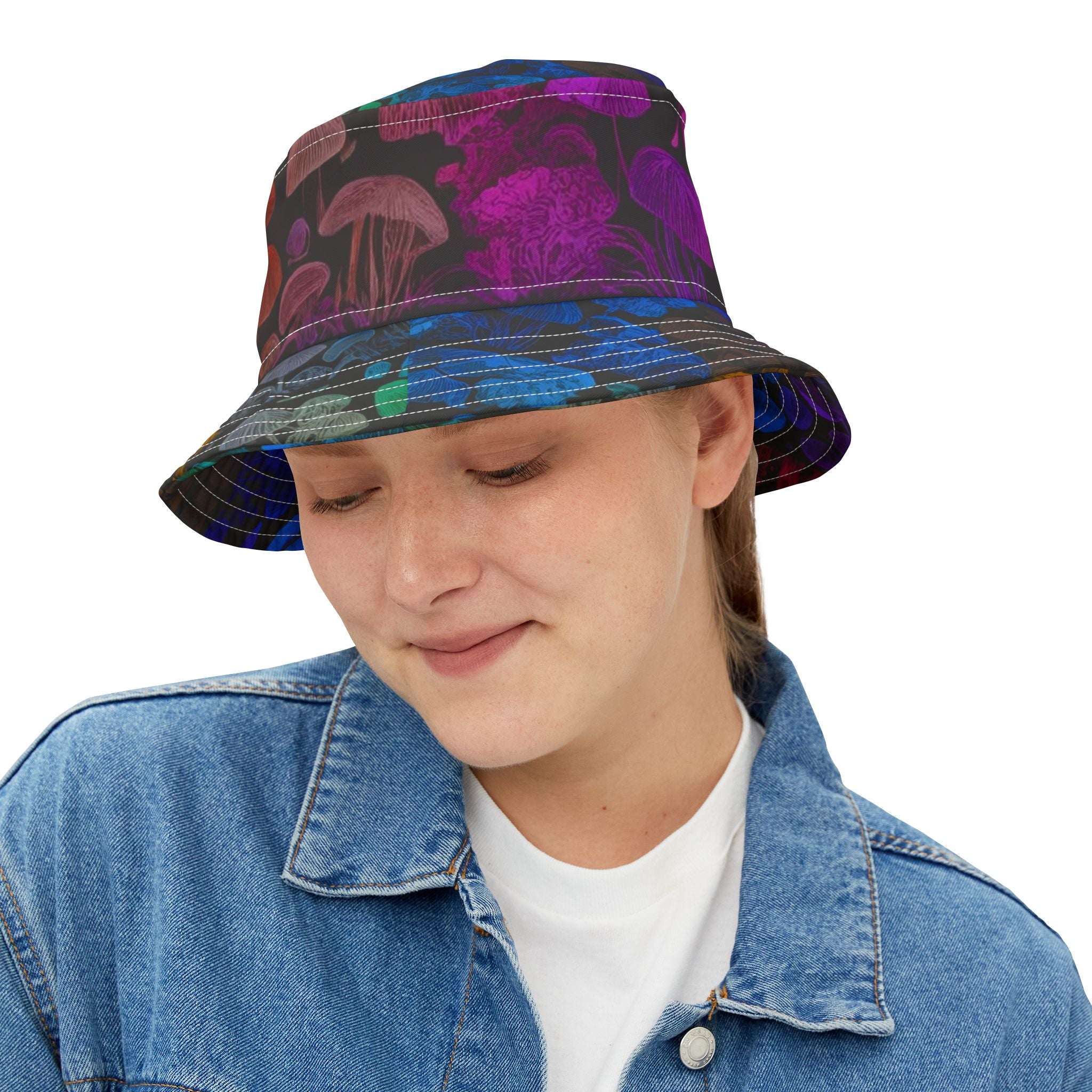 Psychedelic Mushroom Print Bucket Hat - Rainbow Jellyfish & Fungi AOP
