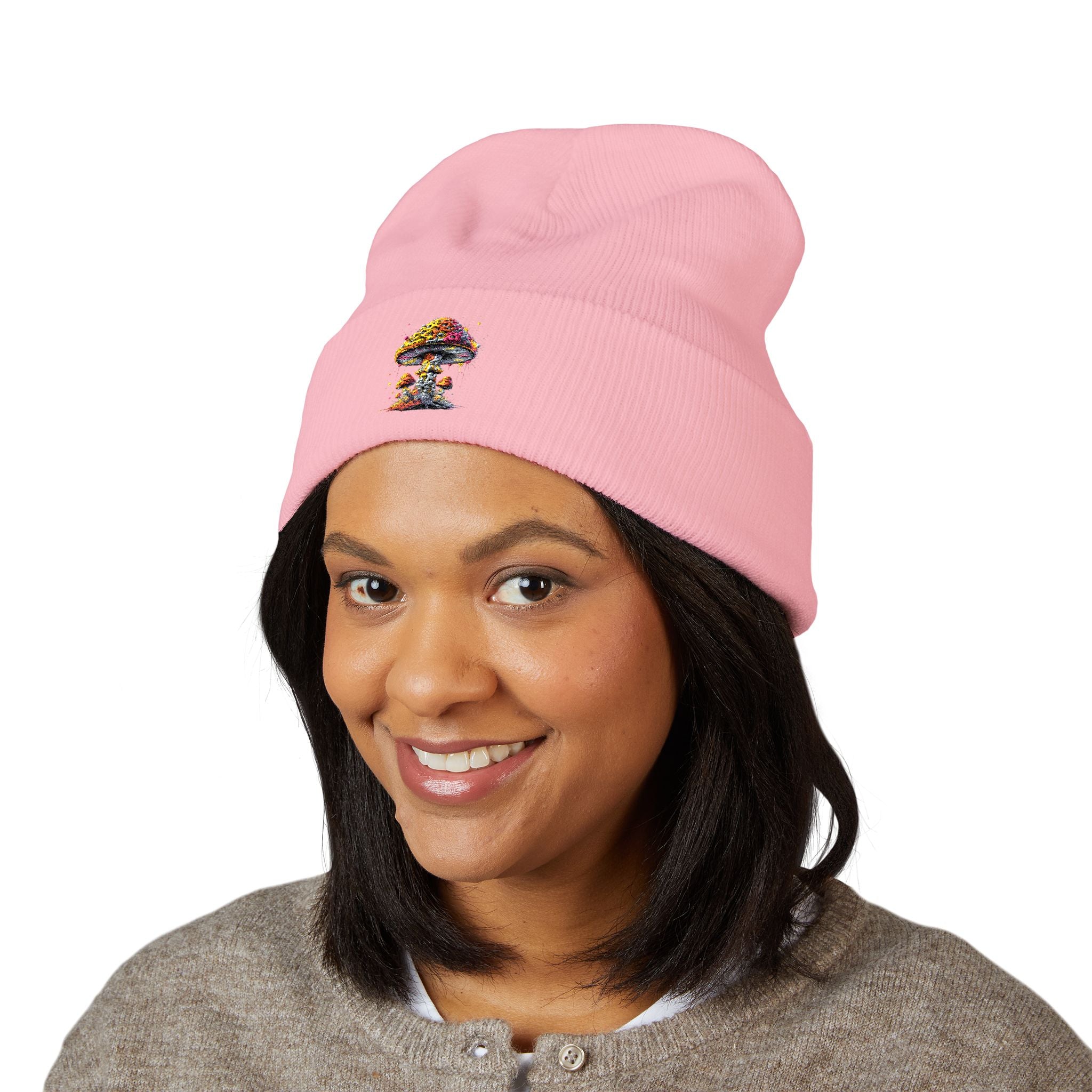 Beanie: Embroidered Colorful Mushroom Beanie — Cute Cuffed Knit Hat