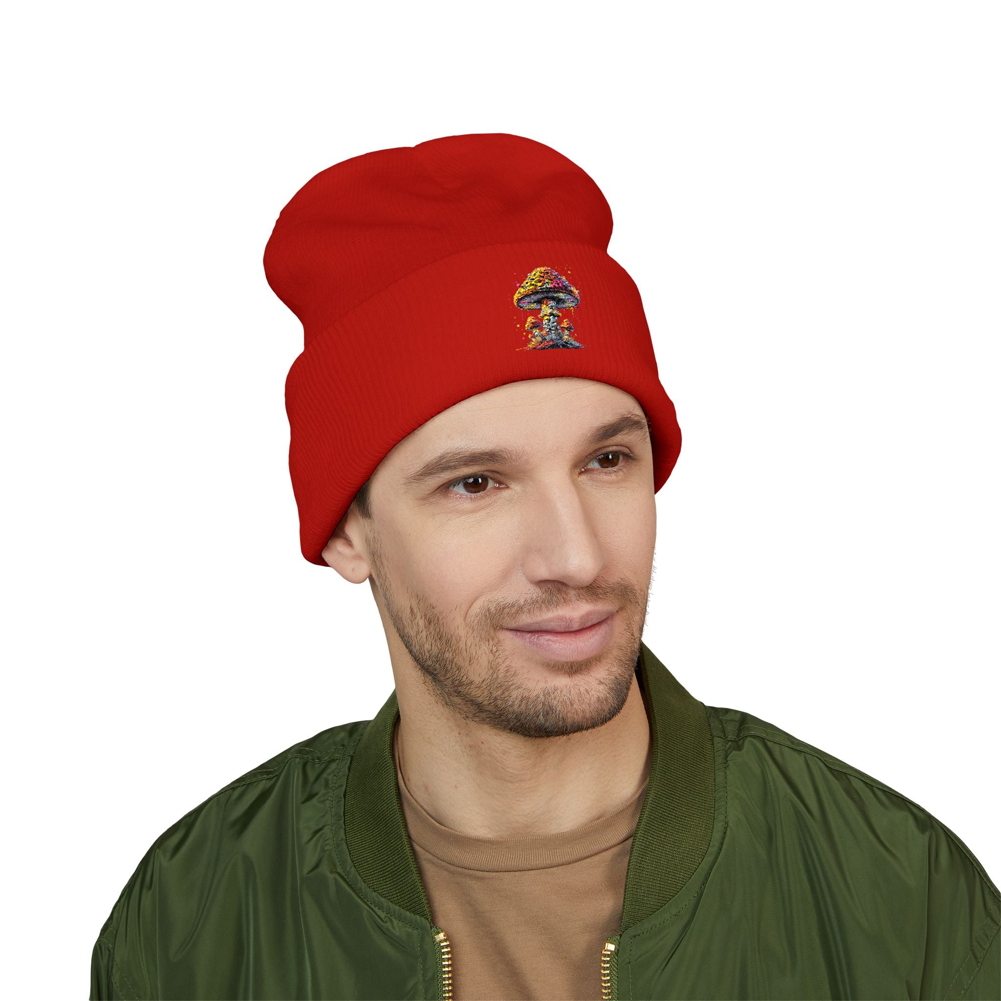 Beanie: Embroidered Colorful Mushroom Beanie — Cute Cuffed Knit Hat