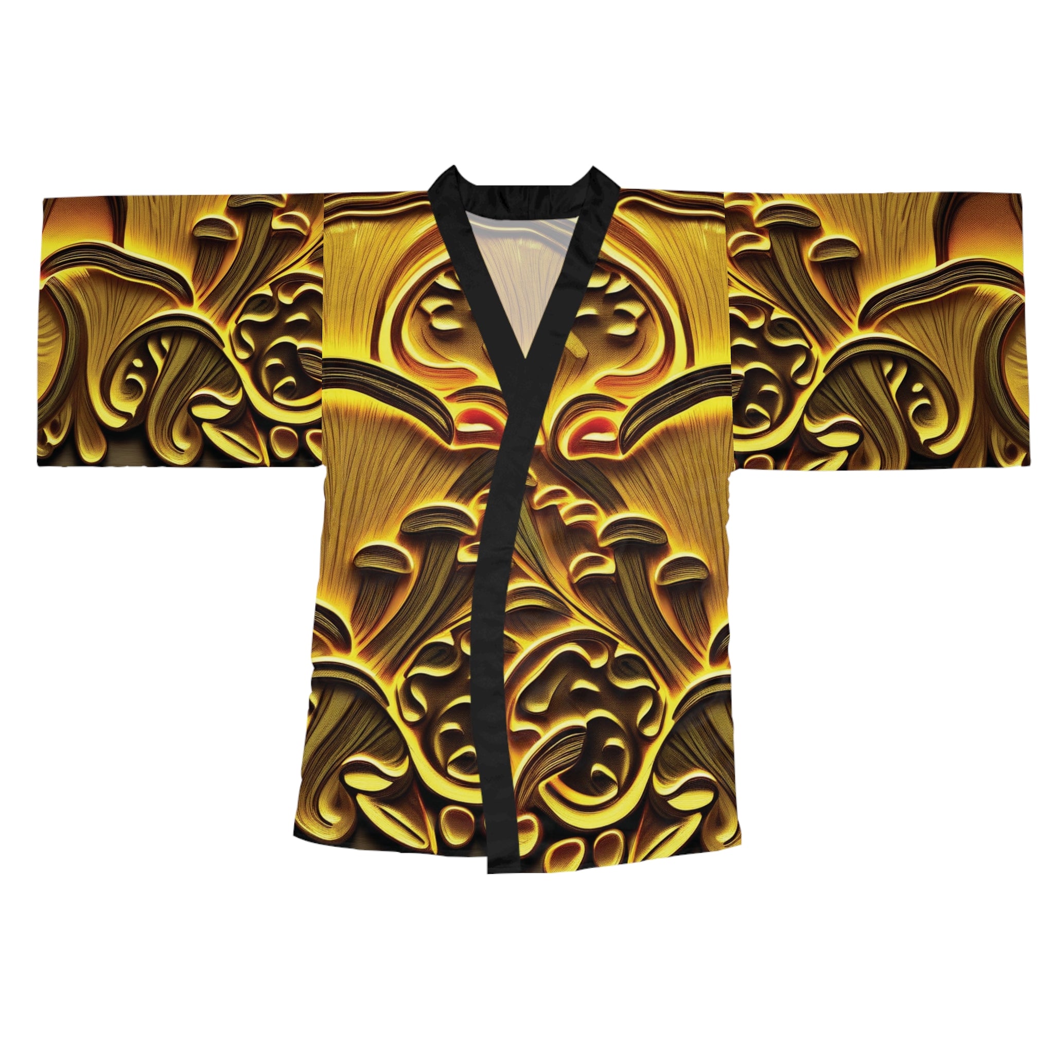 Kimono Robe: Gold Floral Kimono Robe — Decorative All-Over Print Long Sleeve