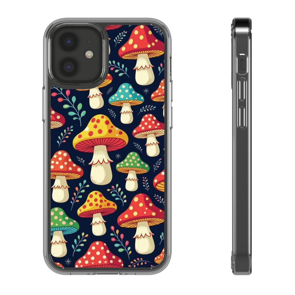 Phone Case: Mushroom Pattern Clear Phone Case — Colorful Toadstool Floral Design