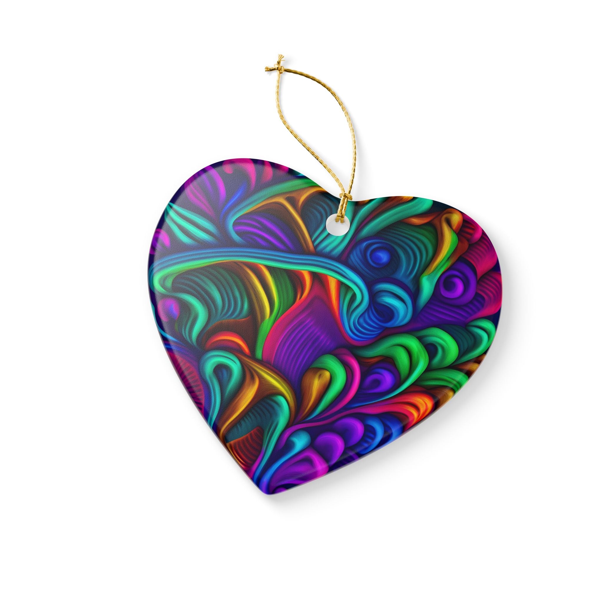 Ceramic Ornament: Heart Ceramic Ornament — Vibrant Abstract Rainbow Swirl Decoration